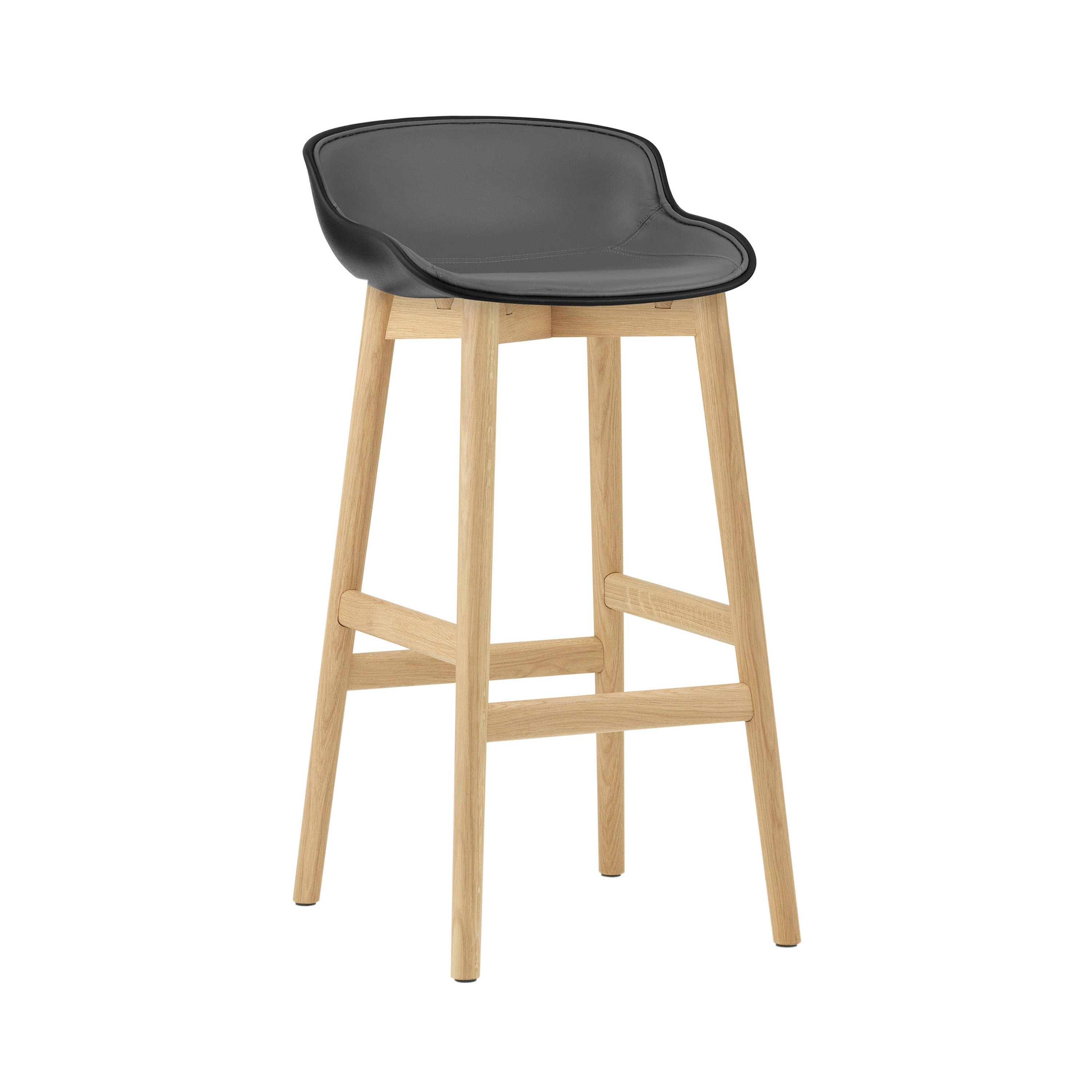 Hyg Bar Stool: Wood Base + Front Upholstered + Oak + Black