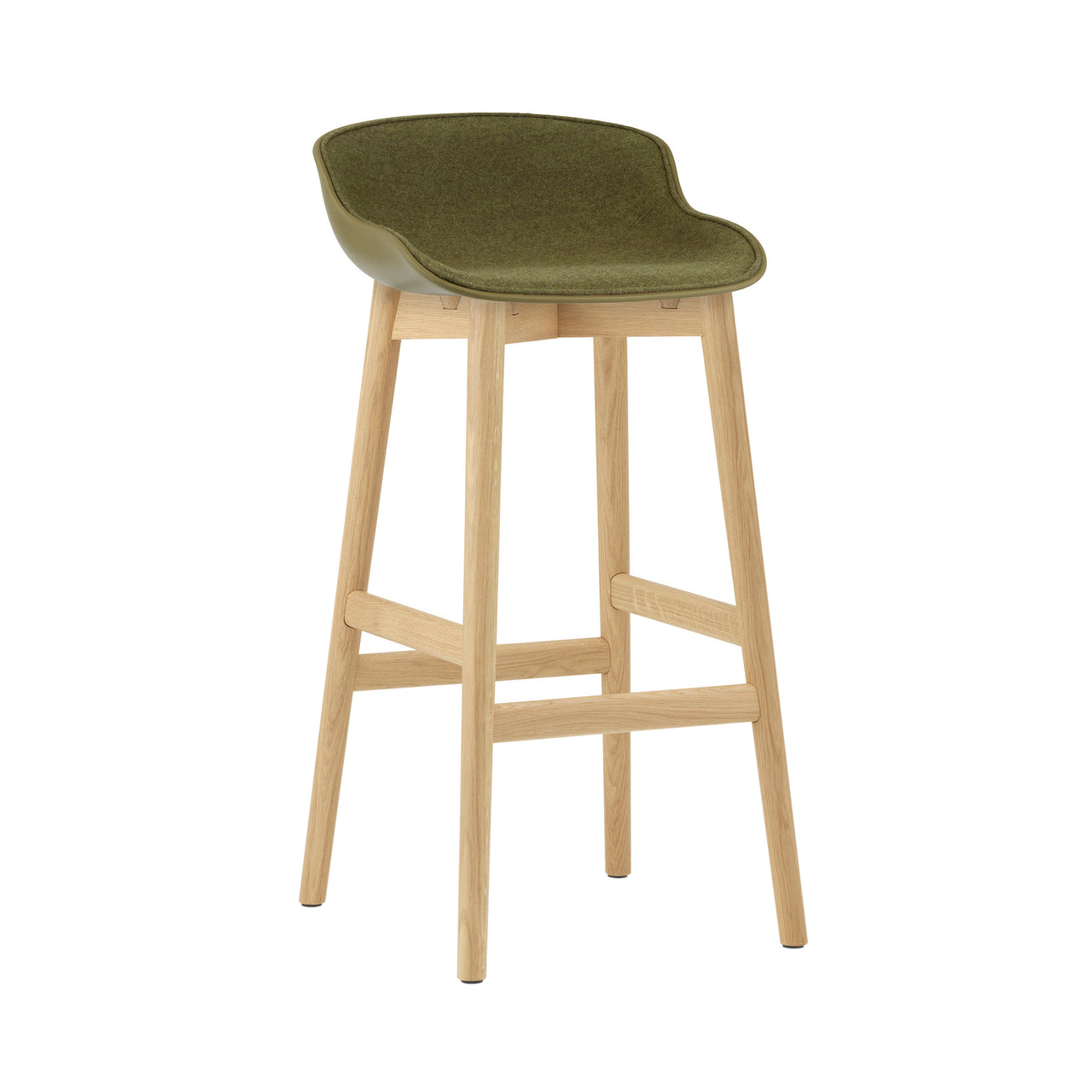 Hyg Bar Stool: Wood Base + Front Upholstered + Oak + Olive