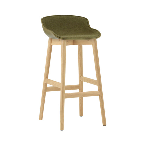 Hyg Bar Stool: Wood Base + Front Upholstered + Oak + Olive
