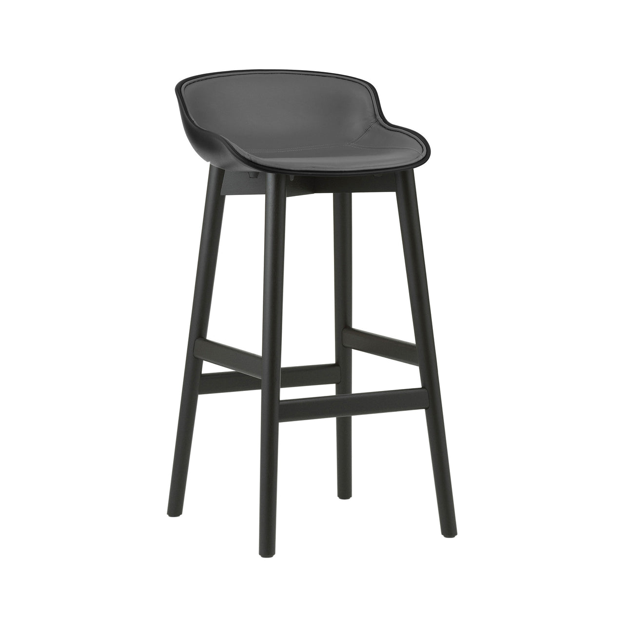 Hyg Bar Stool: Wood Base + Front Upholstered + Black Oak + Black