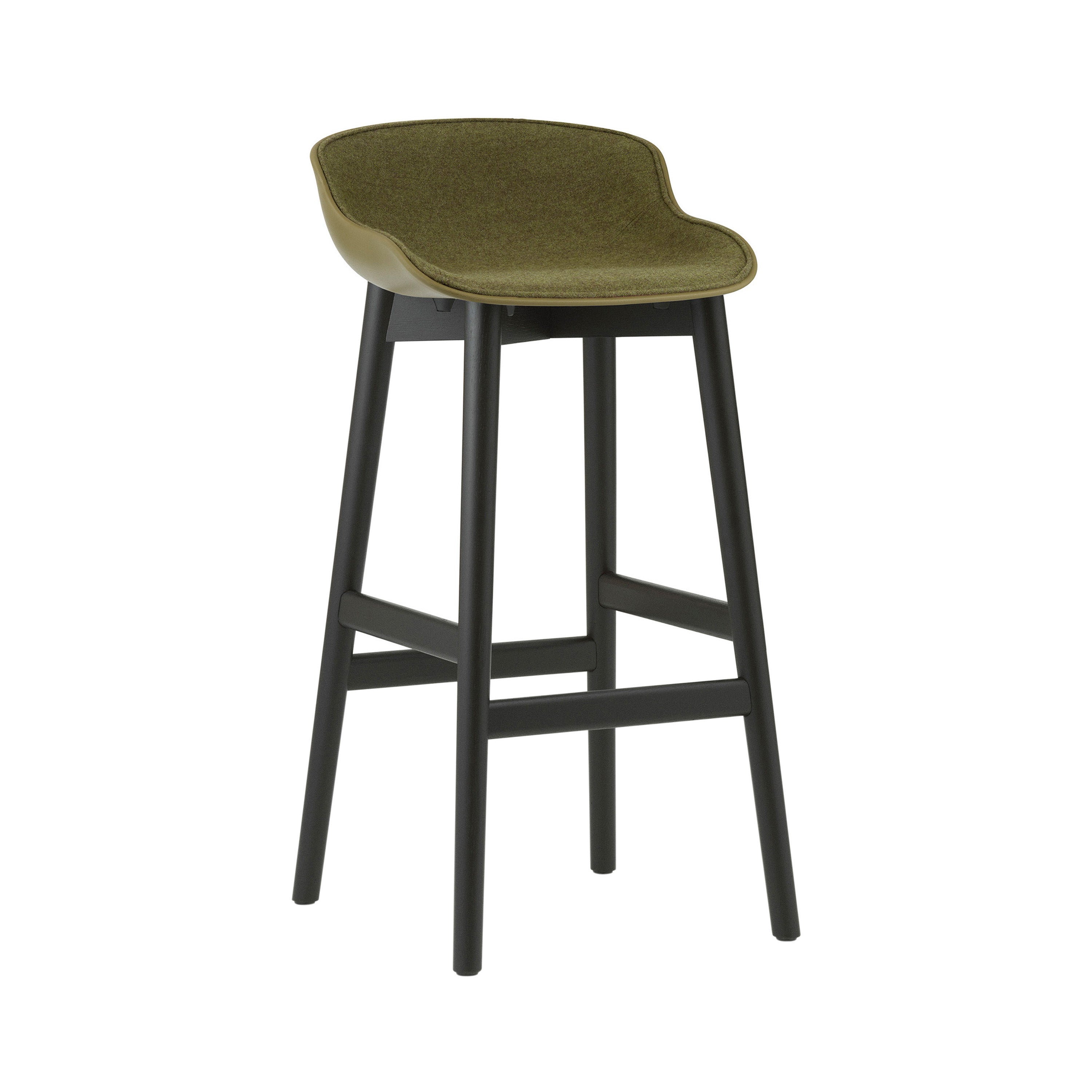 Hyg Bar Stool: Wood Base + Front Upholstered + Black Oak + Olive
