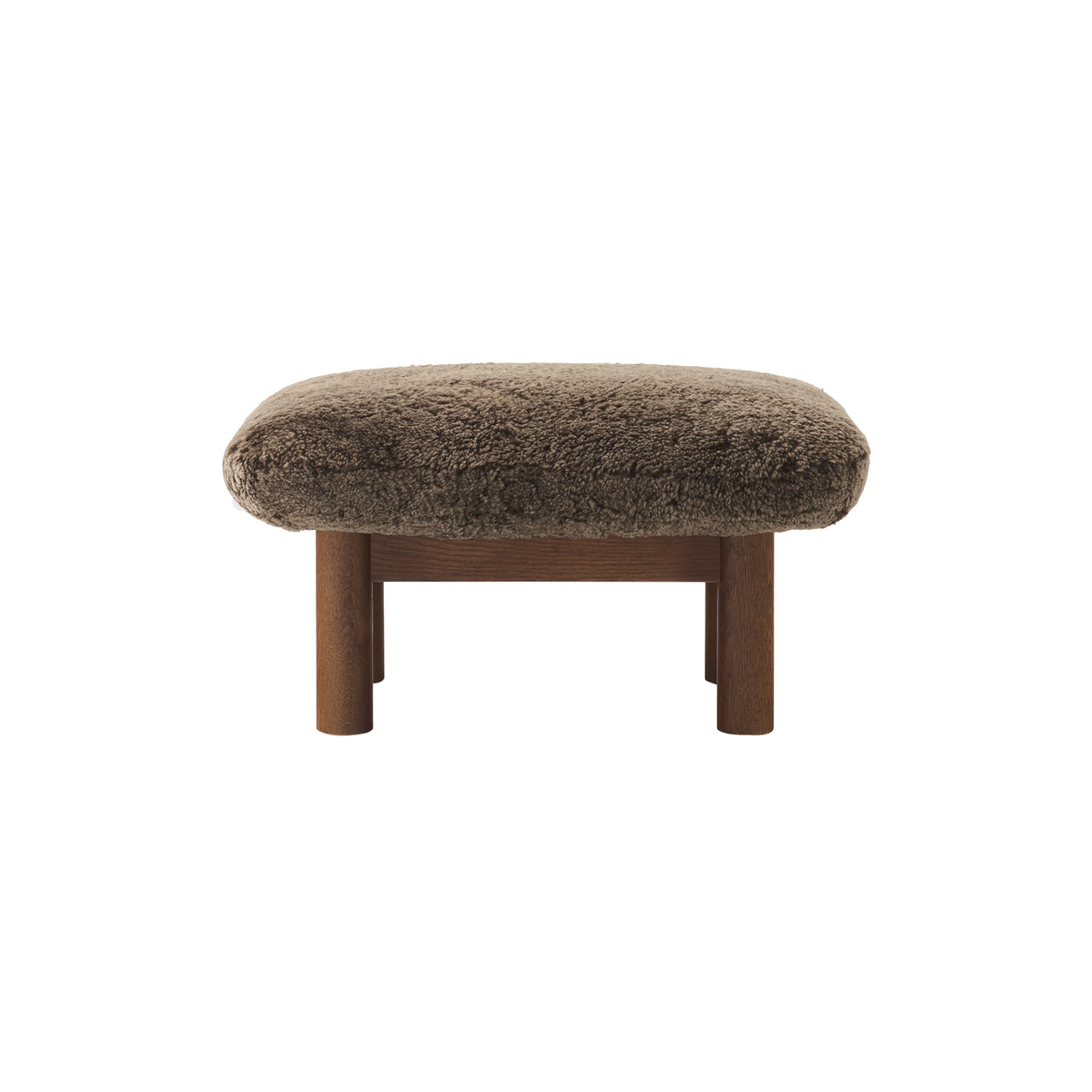 Brasília Ottoman: Upholstered + Dark Stained Oak + Sheepskin Root
