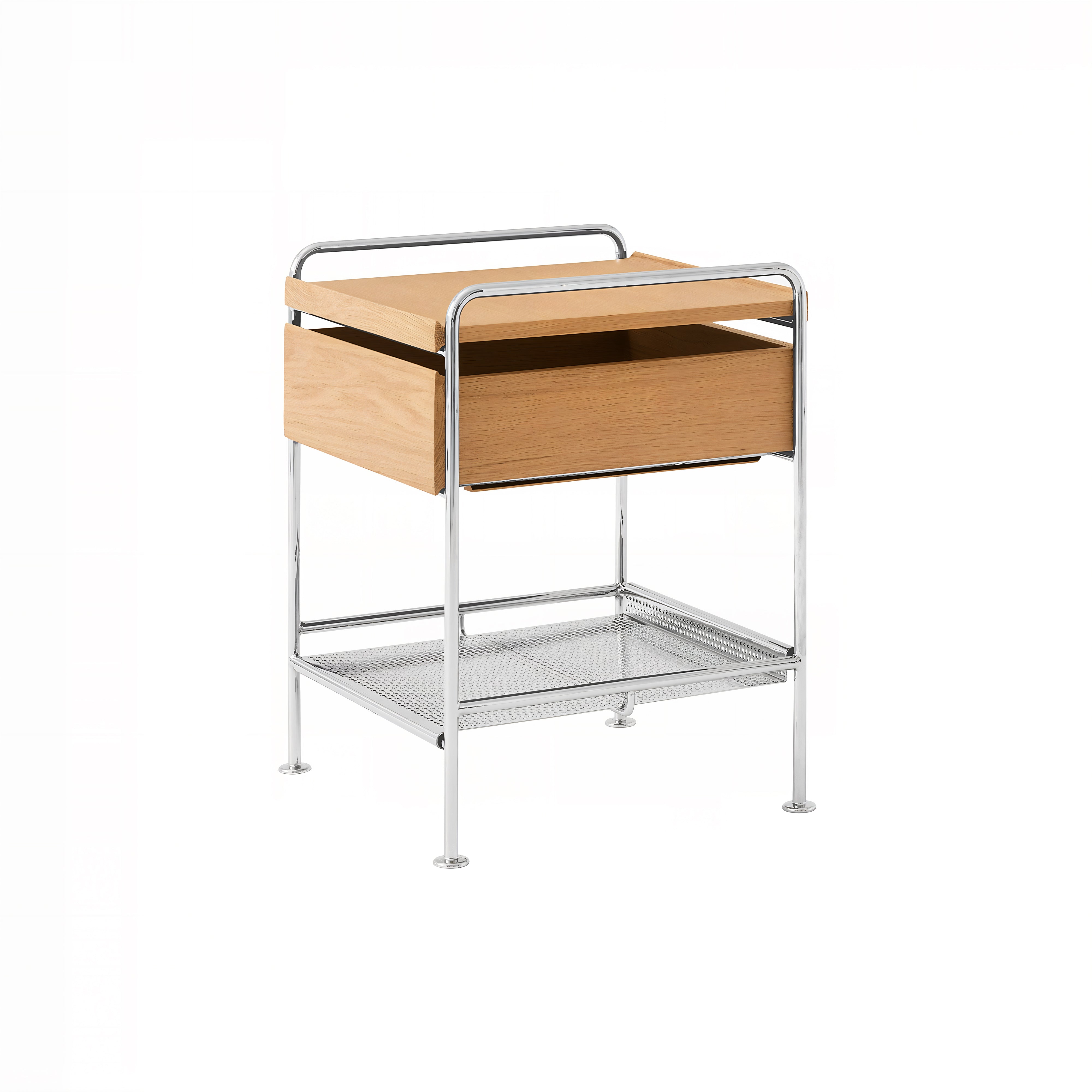 Alima Side Table: NDS3 + Chrome + Lacquered Oak
