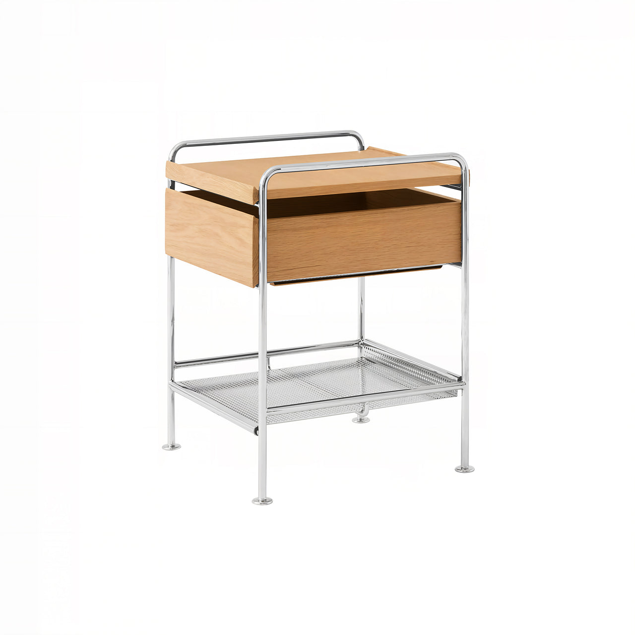 Alima Side Table: NDS3 + Chrome + Lacquered Oak