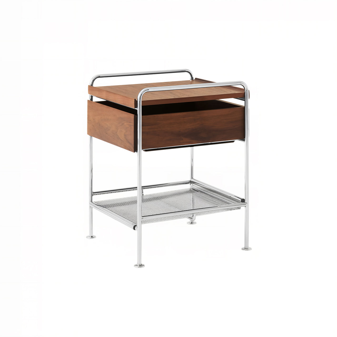 Alima Side Table: NDS3 + Chrome + Lacquered Walnut