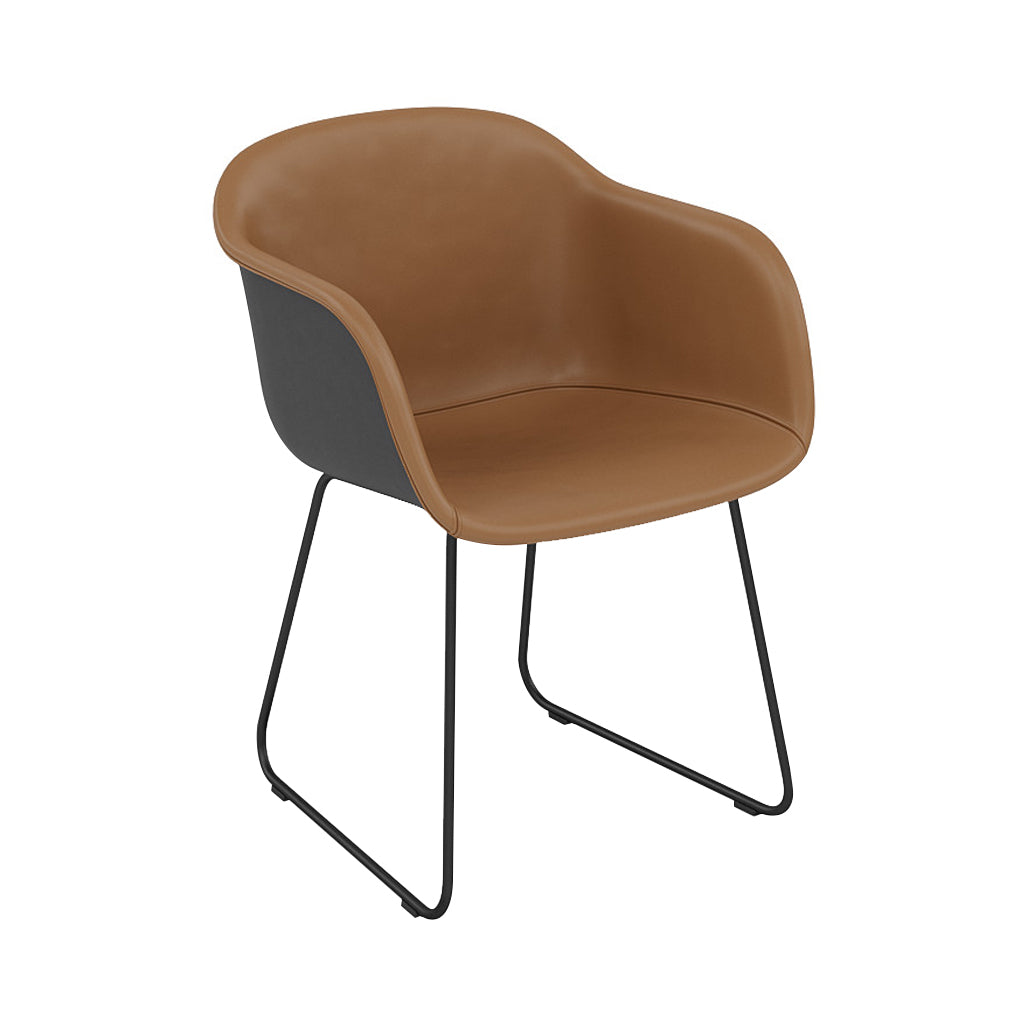 Fiber Armchair: Sled Base Front Upholstered + Recycled Shell + Black + Anthracite Black