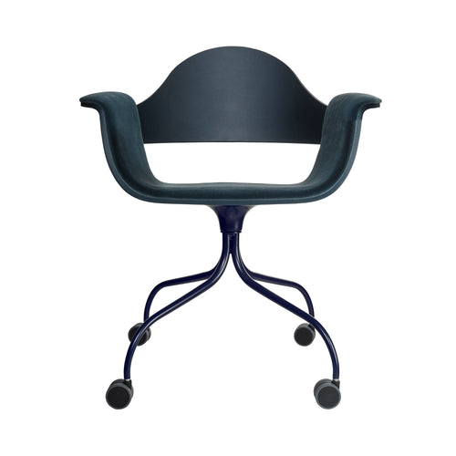 Showtime Swivel Armchair with Castor: Seat Upholstered + Stained Navy Blue + Bluish Grey 