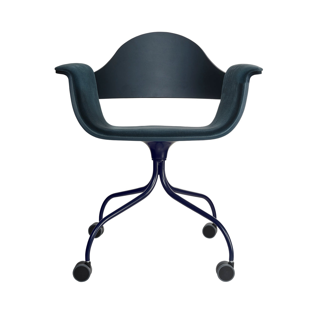Showtime Swivel Armchair with Castor: Seat Upholstered + Stained Navy Blue + Bluish Grey 