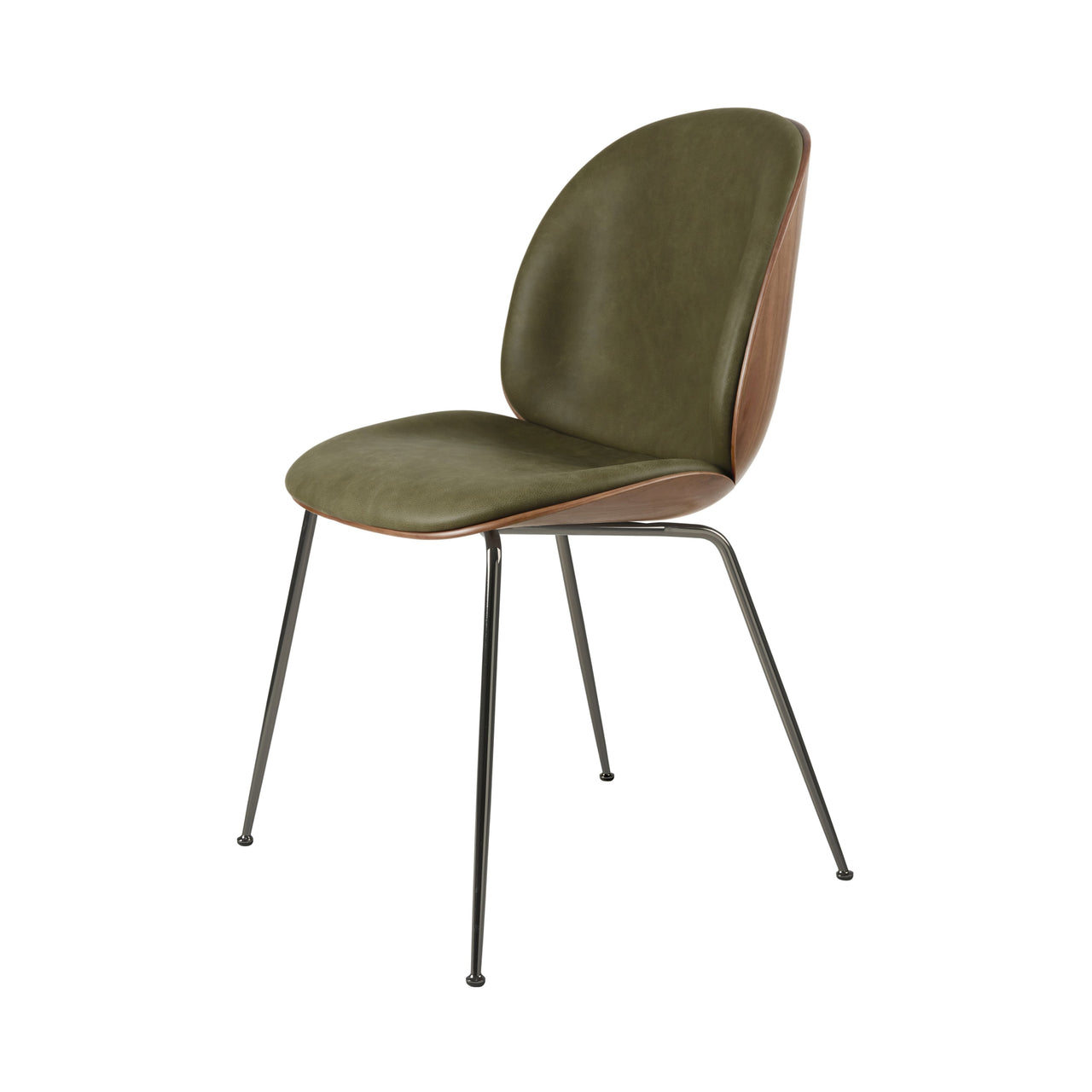 Beetle Dining Chair Conic Base: Veneer Shell + Front Upholstered + American Walnut + Black Chrome