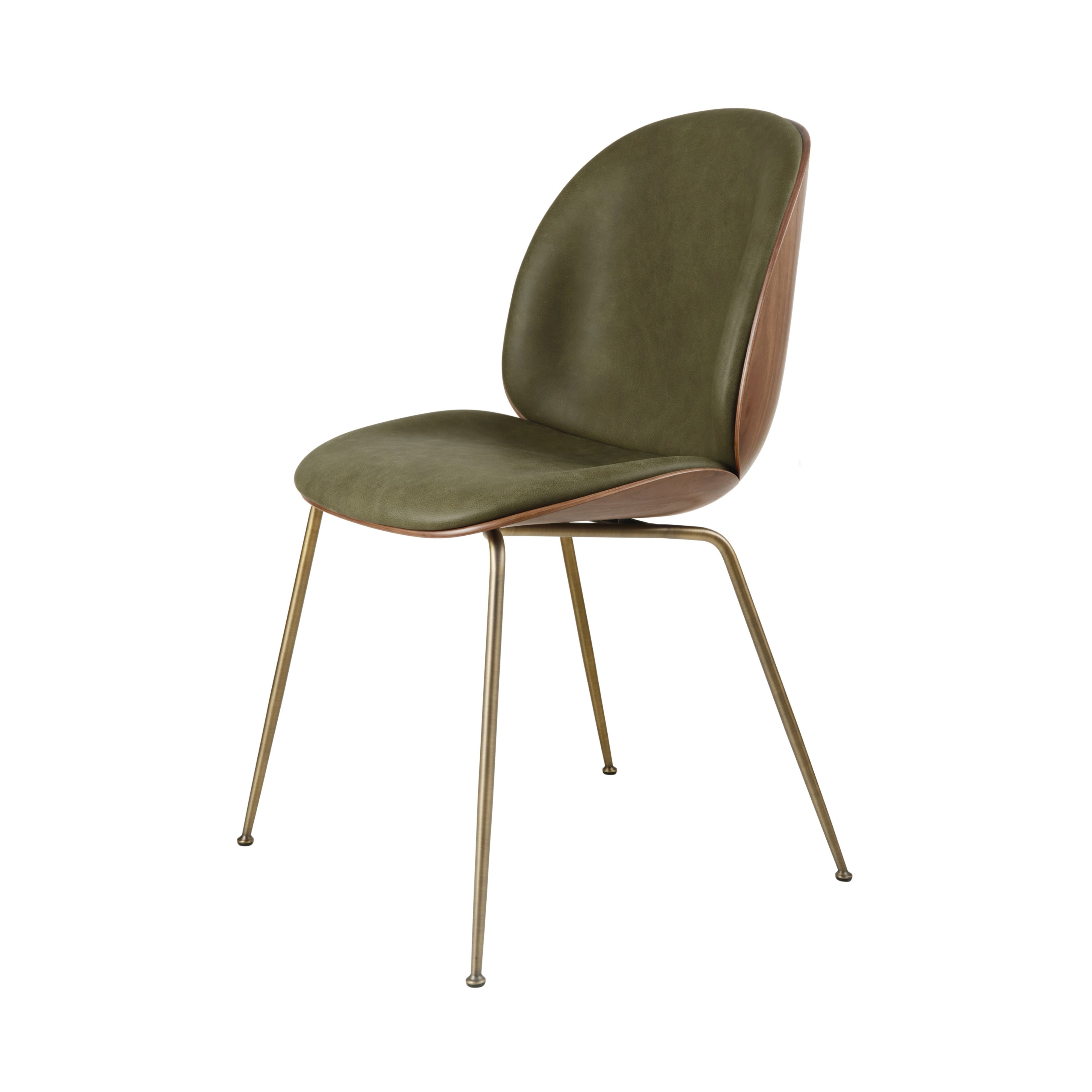 Beetle Dining Chair Conic Base: Veneer Shell + Front Upholstered + American Walnut + Antique Brass