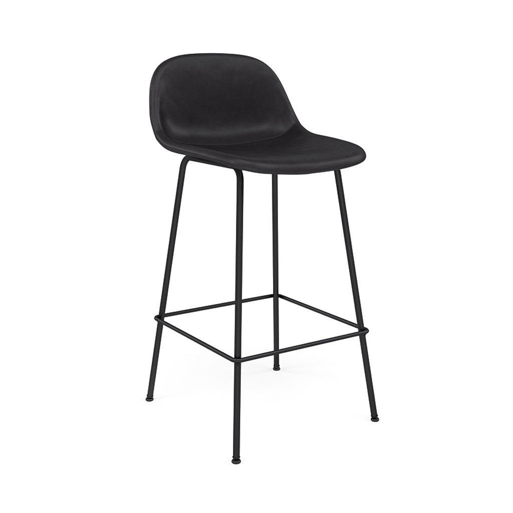 Fiber Counter Stool with Backrest: Tube Base + Upholstered + Black + Refine Leather Black