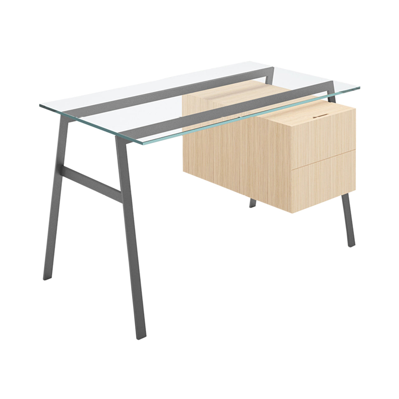 Homework 1 Desk: Double Drawer Right with Glass Top + Gun Metal + White Oak