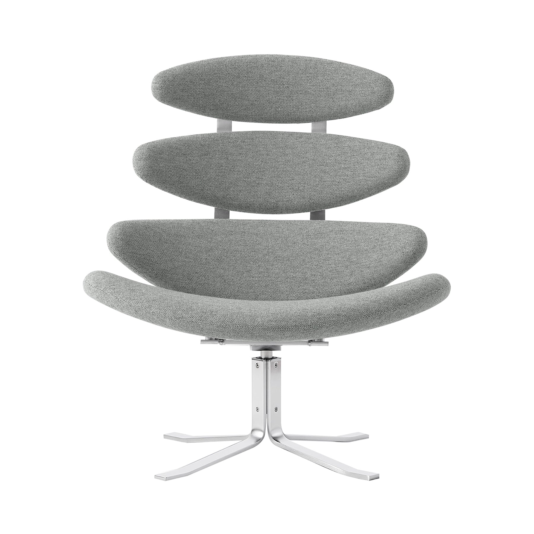 A modern lounge chair with a textured gray fabric upholstered curved seat and three stacked oval backrest cushions on a chrome star base, shown against a plain white background.