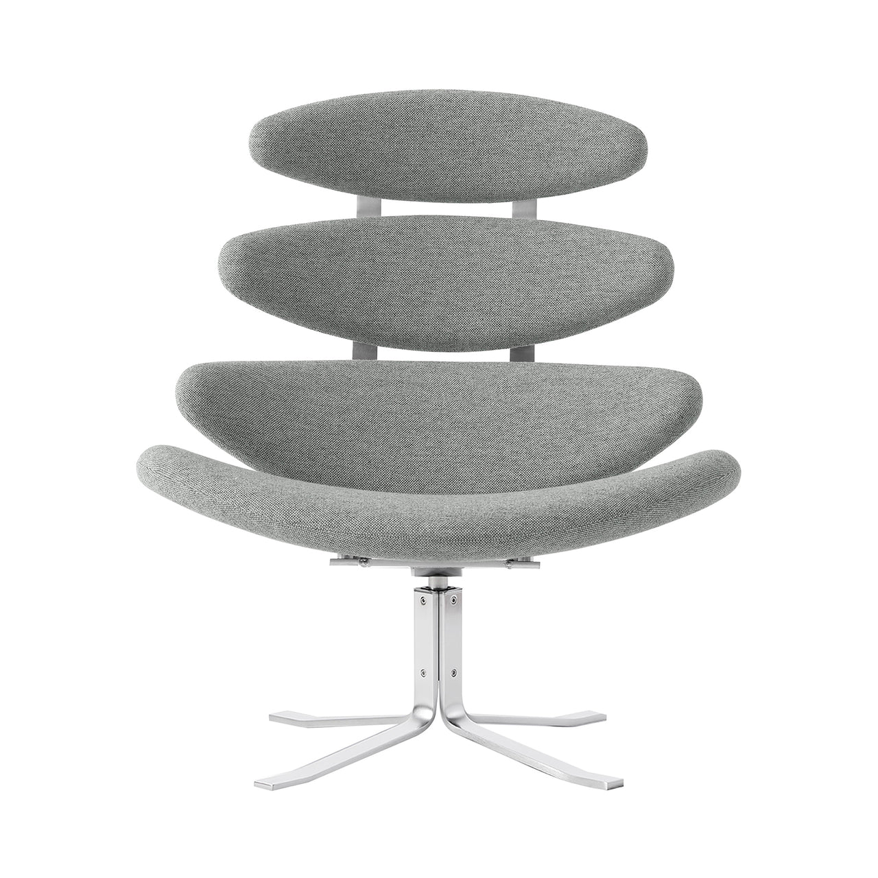 A modern lounge chair with a textured gray fabric upholstered curved seat and three stacked oval backrest cushions on a chrome star base, shown against a plain white background.