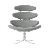 A modern lounge chair with a textured gray fabric upholstered curved seat and three stacked oval backrest cushions on a chrome star base, shown against a plain white background.