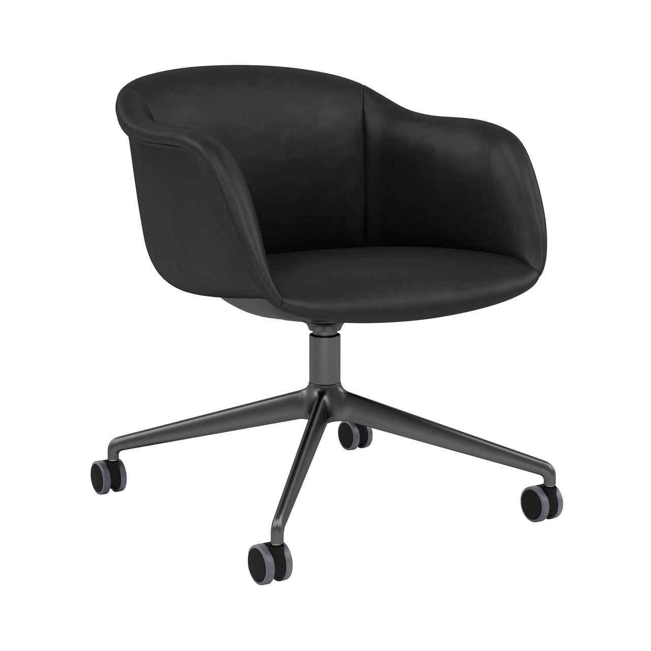 Fiber Soft Armchair: Swivel Base with Castors + Upholstered Shell + Anthracite Black