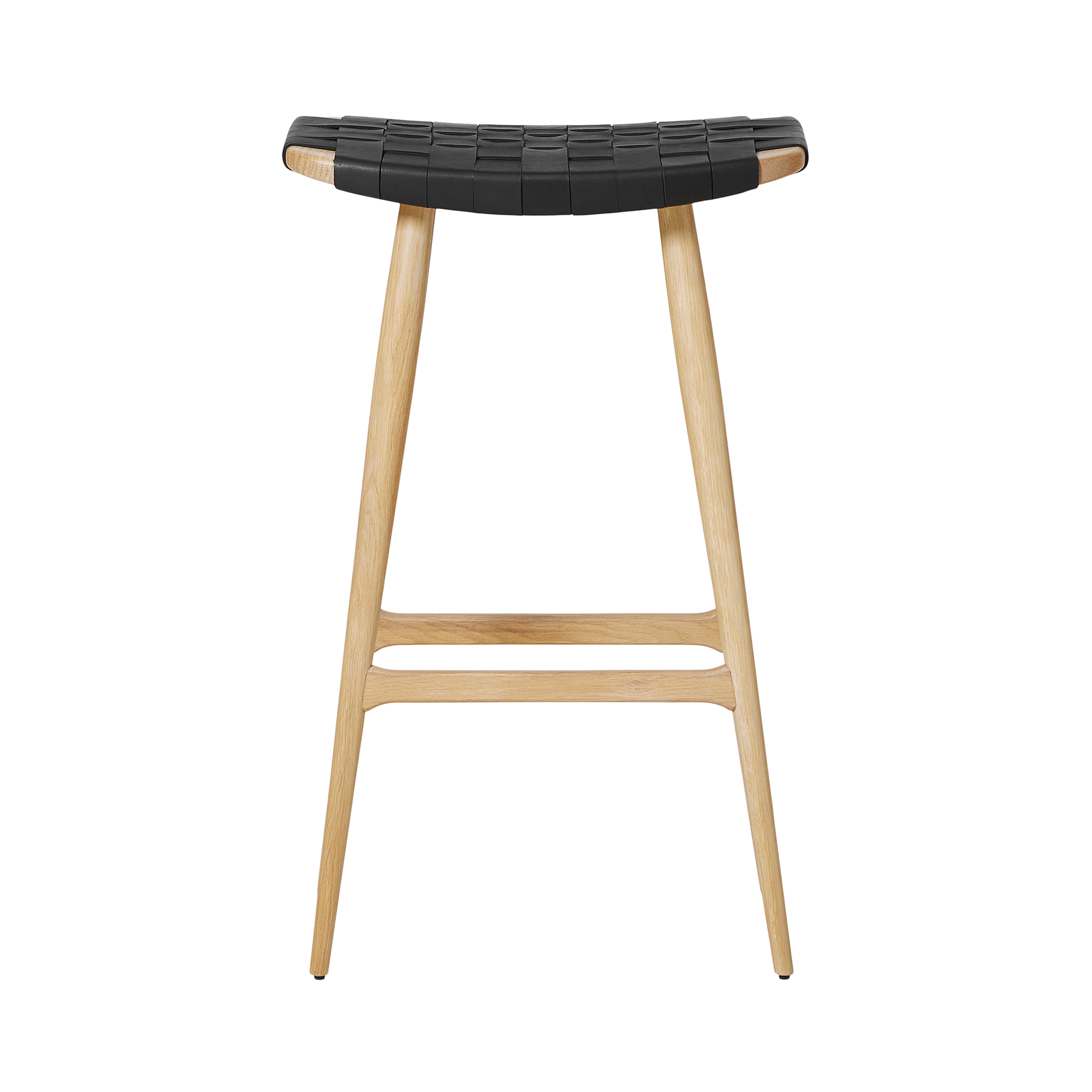 Freja Bar Stool: Natural Oak + Black Saddle + Leather Stripe Seat