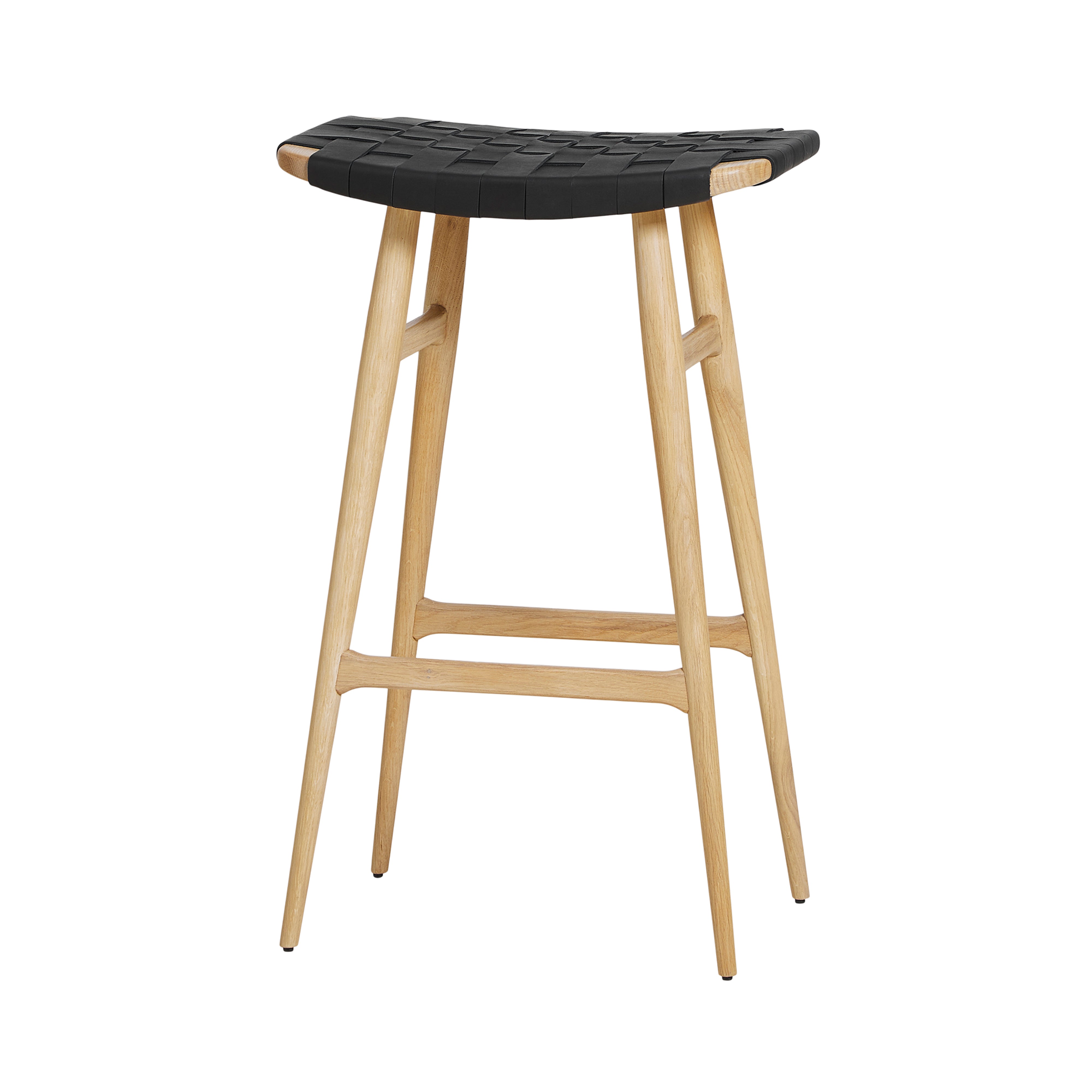 Freja Bar Stool: Natural Oak + Black Saddle + Leather Stripe Seat