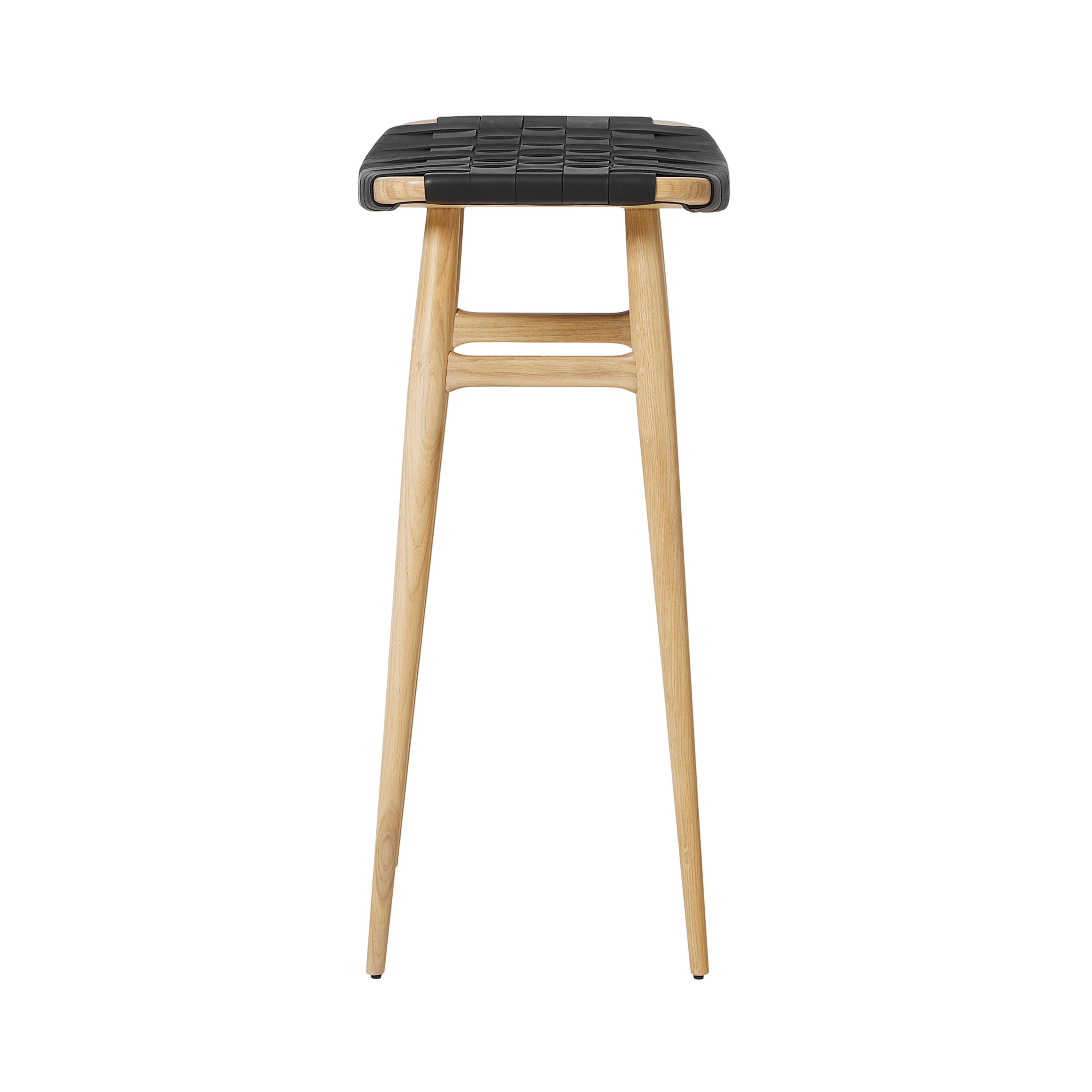 Freja Bar Stool: Natural Oak + Black Saddle + Leather Stripe Seat