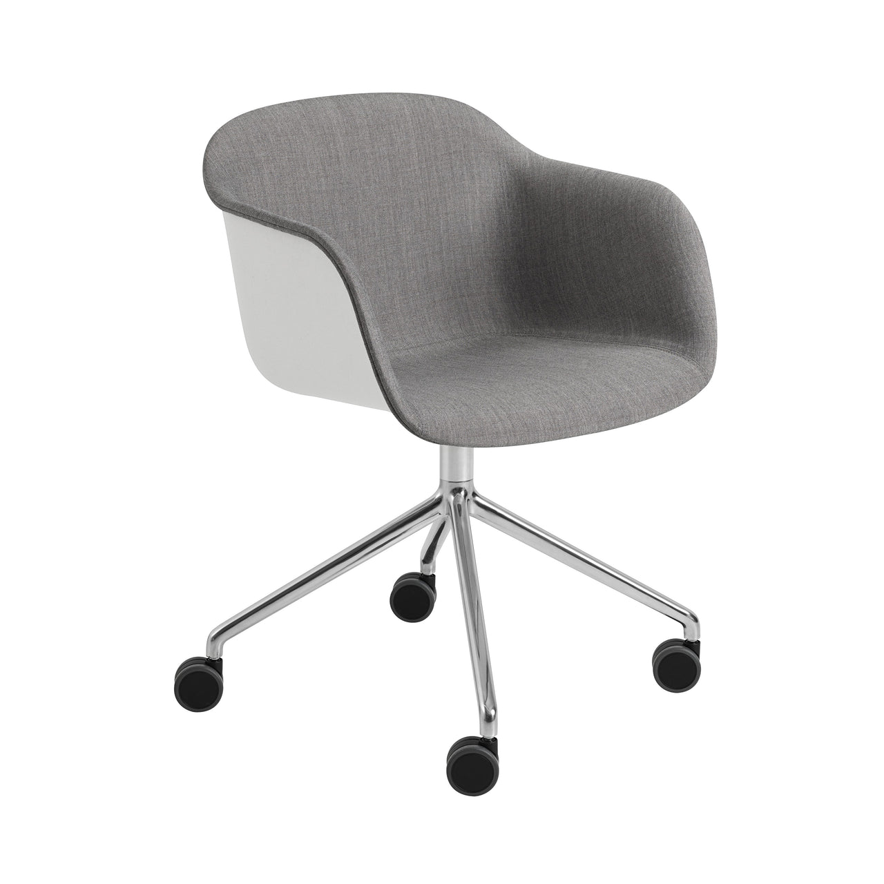 Fiber Armchair Swivel Base with Castors: Front Upholstered + Recycled Shell + Polished Aluminum + Black + Natural White