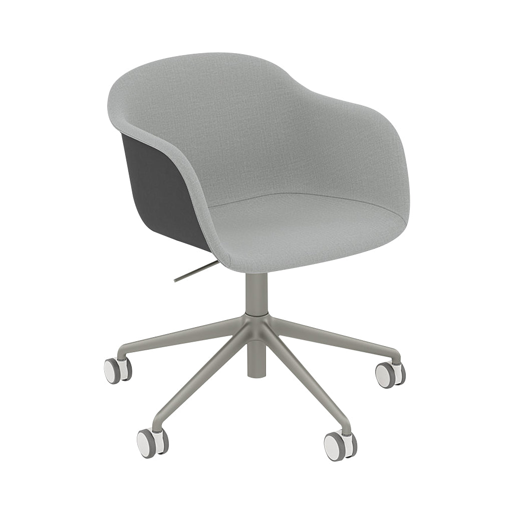 Fiber Armchair Swivel Base with Castors + Gaslift: Front Upholstered + Recycled Shell + Grey + Black + Grey