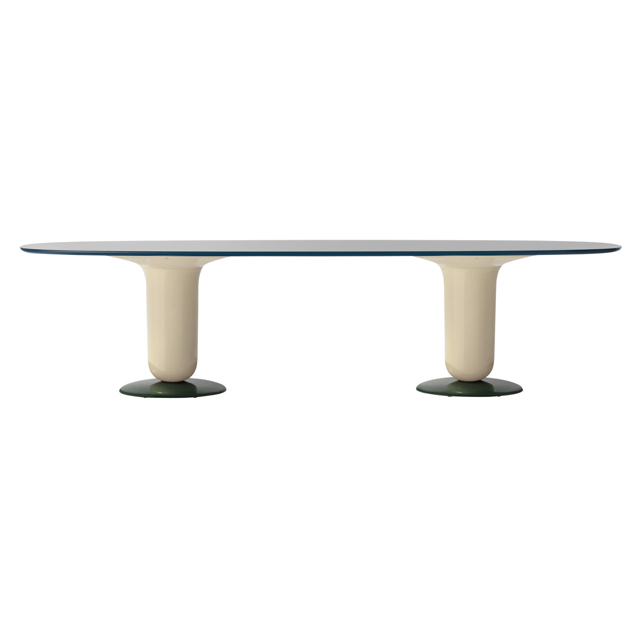 Explorer Oval Dining Table: Double Pedestal + Grey Perle + Grey Blue + Light Ivory + Fir Green