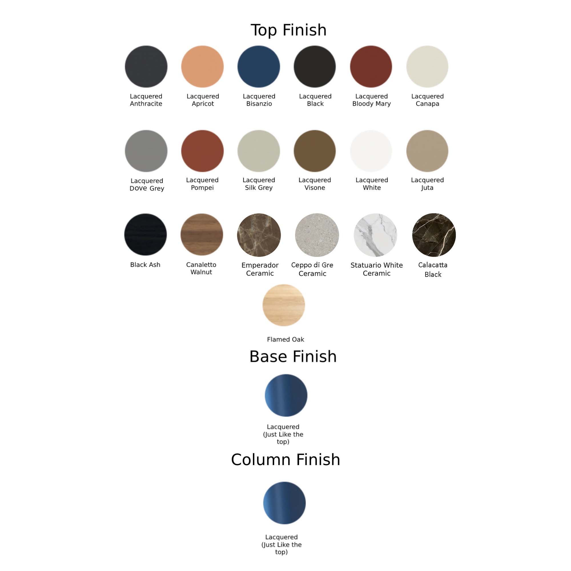 Chart of round finish swatches in lacquered colours, wood, stone and ceramic, for the top, base and column