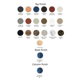 Chart of round finish swatches in lacquered colours, wood, stone and ceramic, for the top, base and column