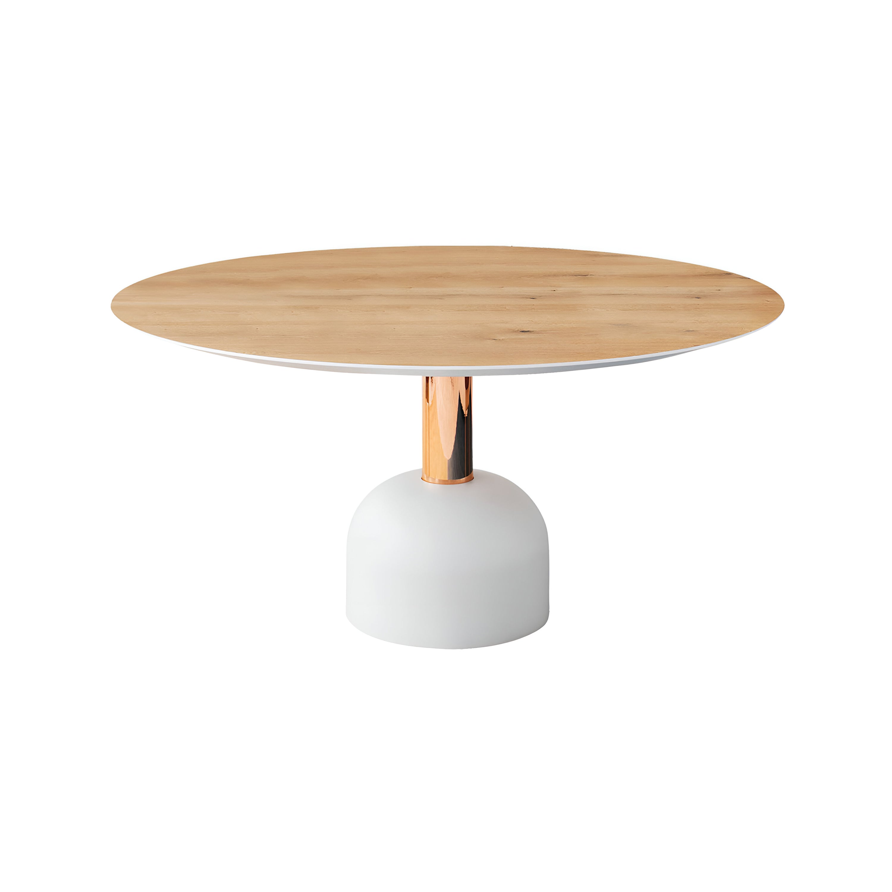 Illo Dining Table: Small + Flamed Oak + Lacquered White + Copper