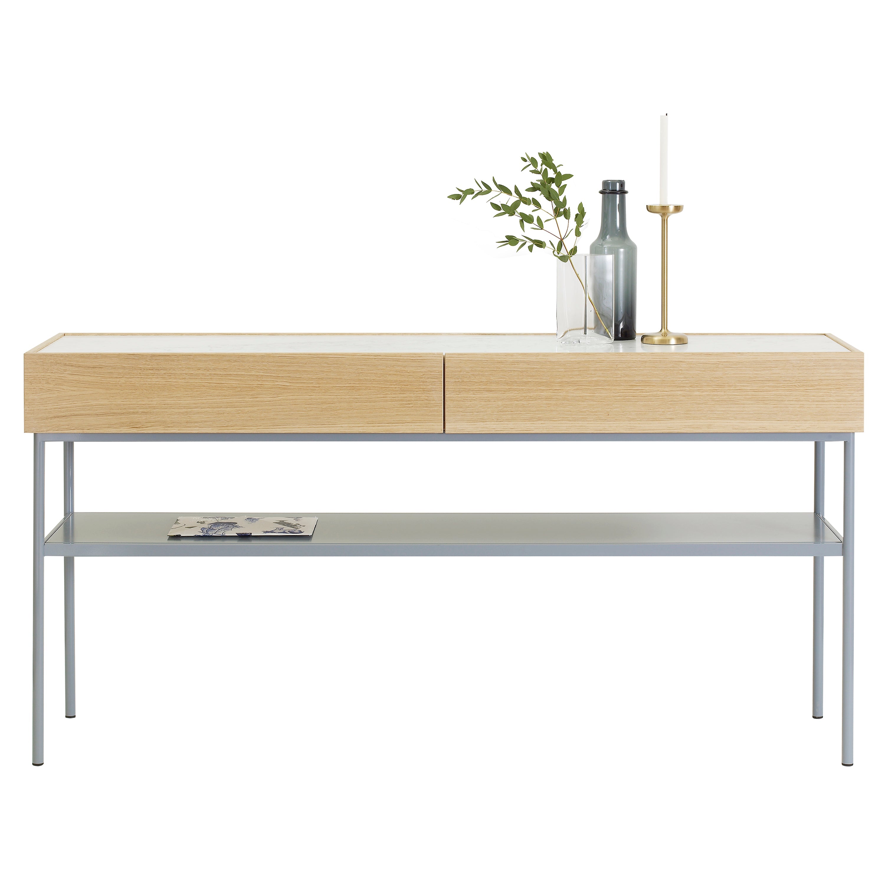 Luc Console Oak 160: Marble Top + Carrara Marble + Natural Oak + Nordic Blue