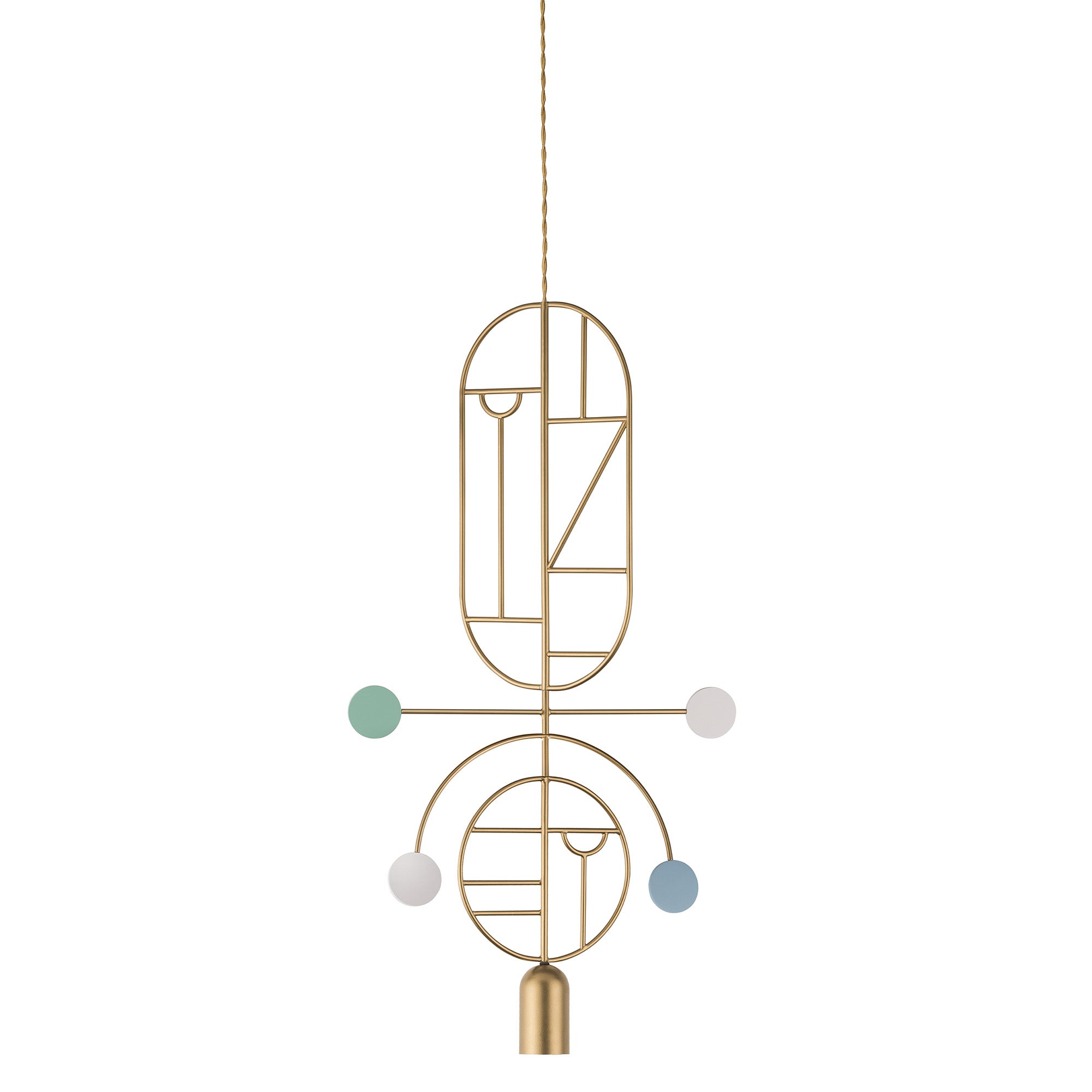 Wooden Dots Suspension Lamp: Oval + Circle with Stem + Vertical Oval + Circle + Gold + 1 Stem + 1 Curled Stem + Gold + Blue + White + Turquoise