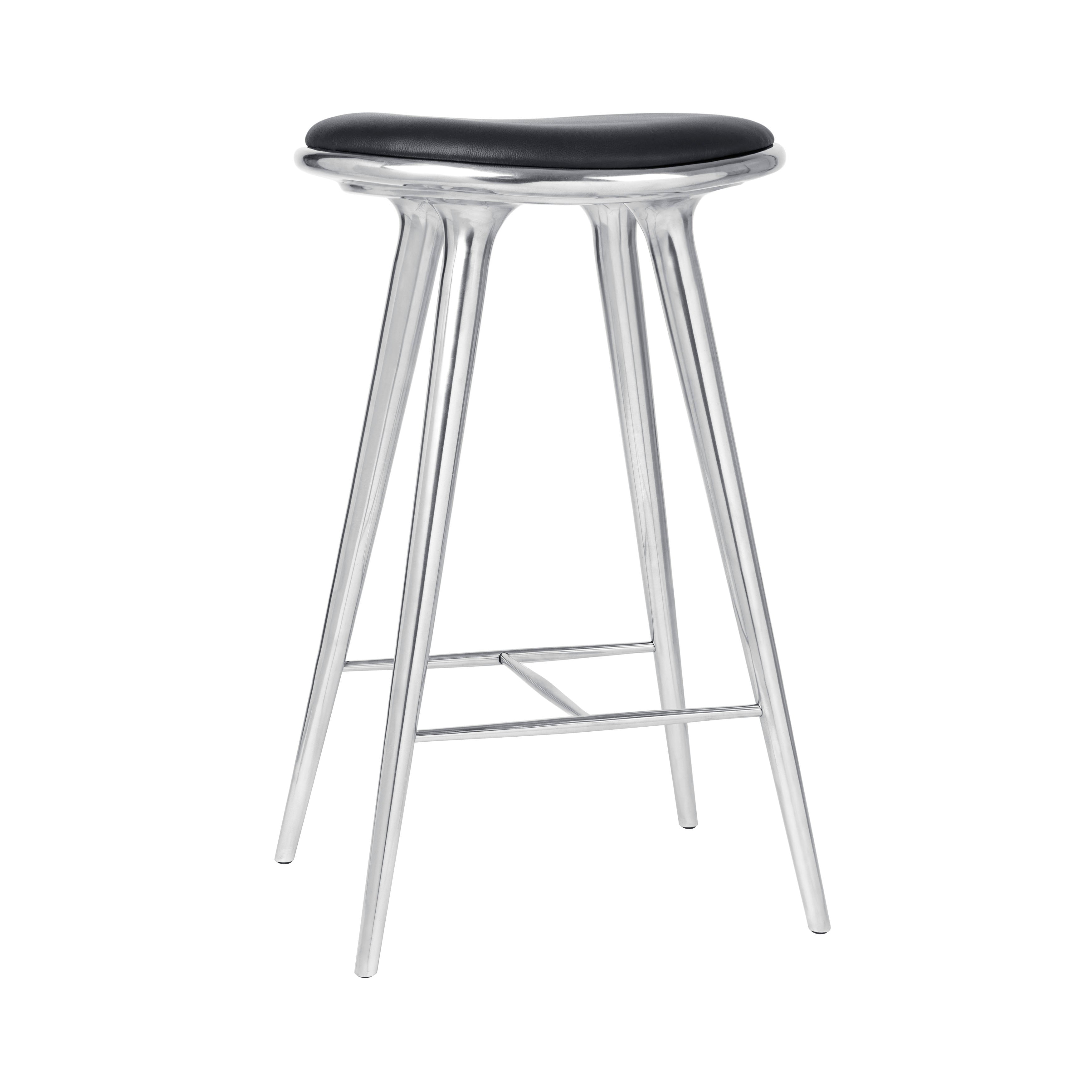 High Stool: Bar + Polished Aluminum + Black Leather