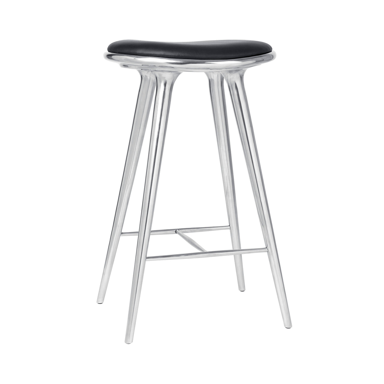 High Stool: Bar + Polished Aluminum + Black Leather