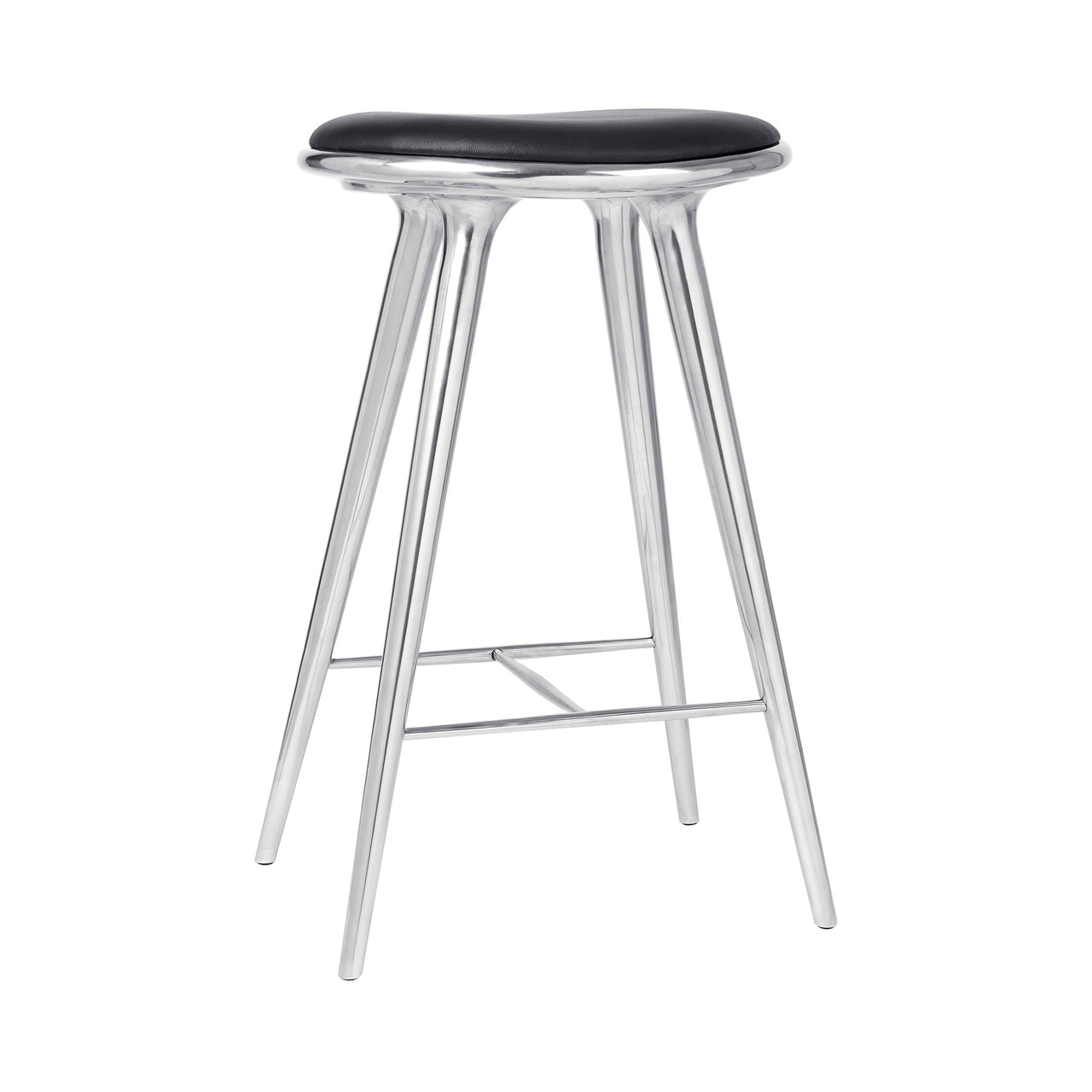 High Stool: Bar + Polished Aluminum + Black Leather