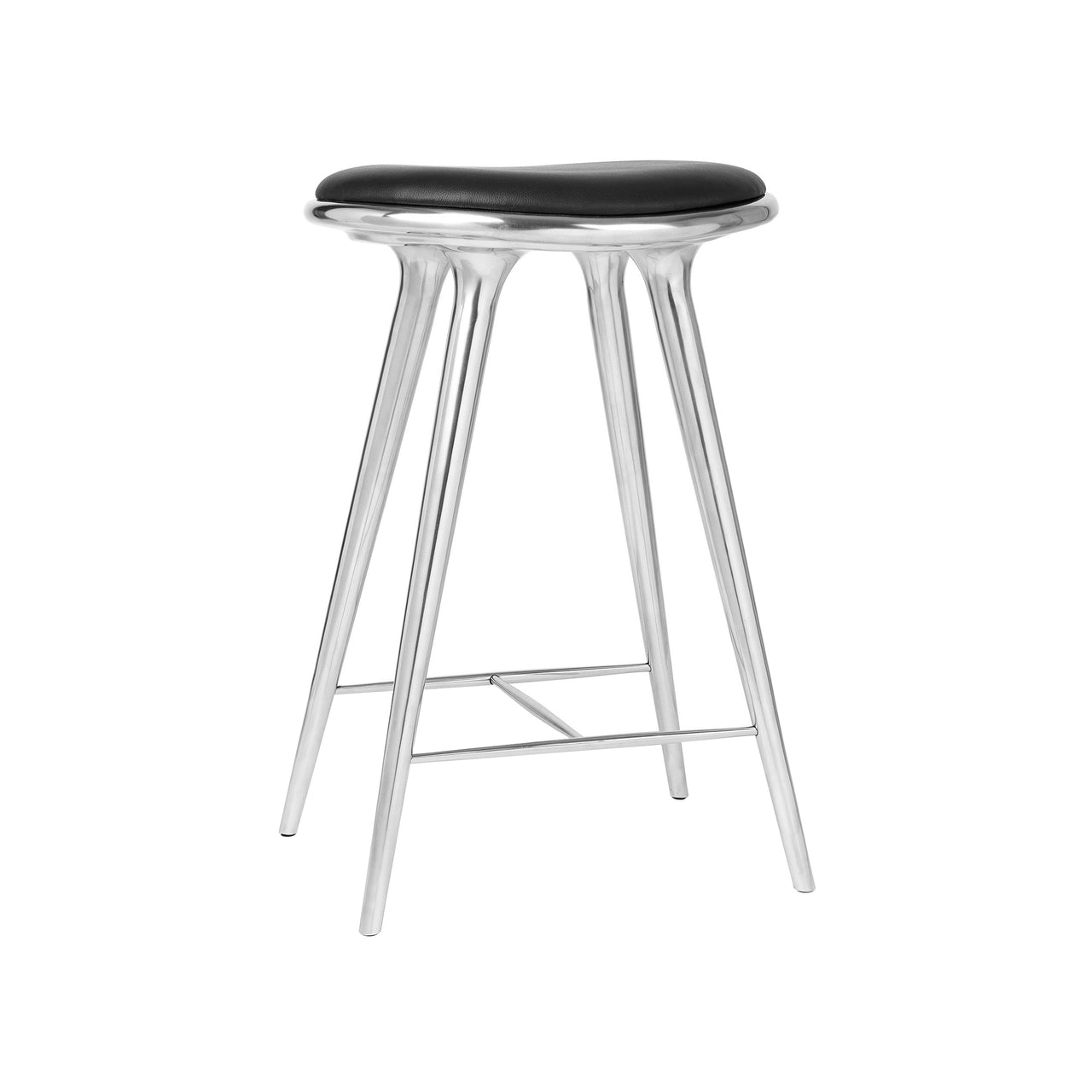 High Stool: Counter + Polished Aluminum + Black Leather