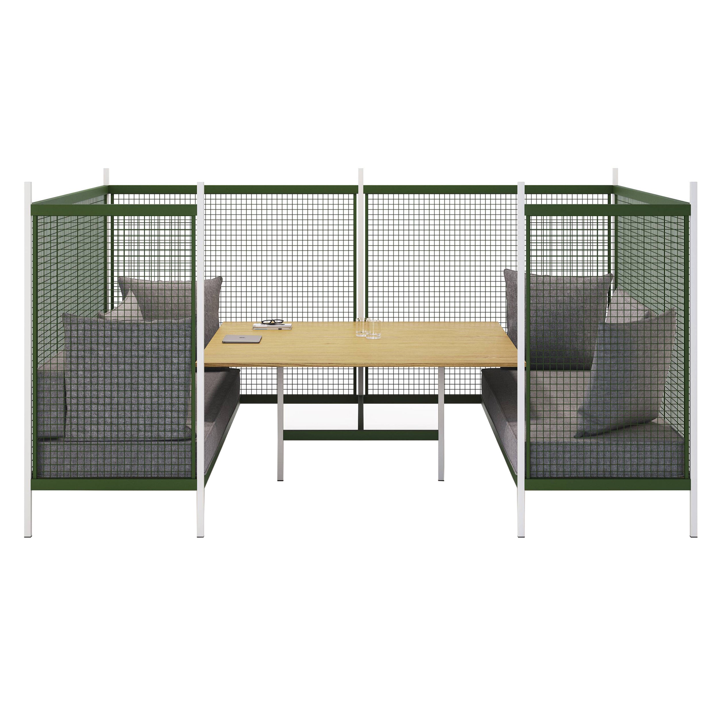 Grid U-Shaped Sofa with Tall Partition: Upholstered + Metal Grid