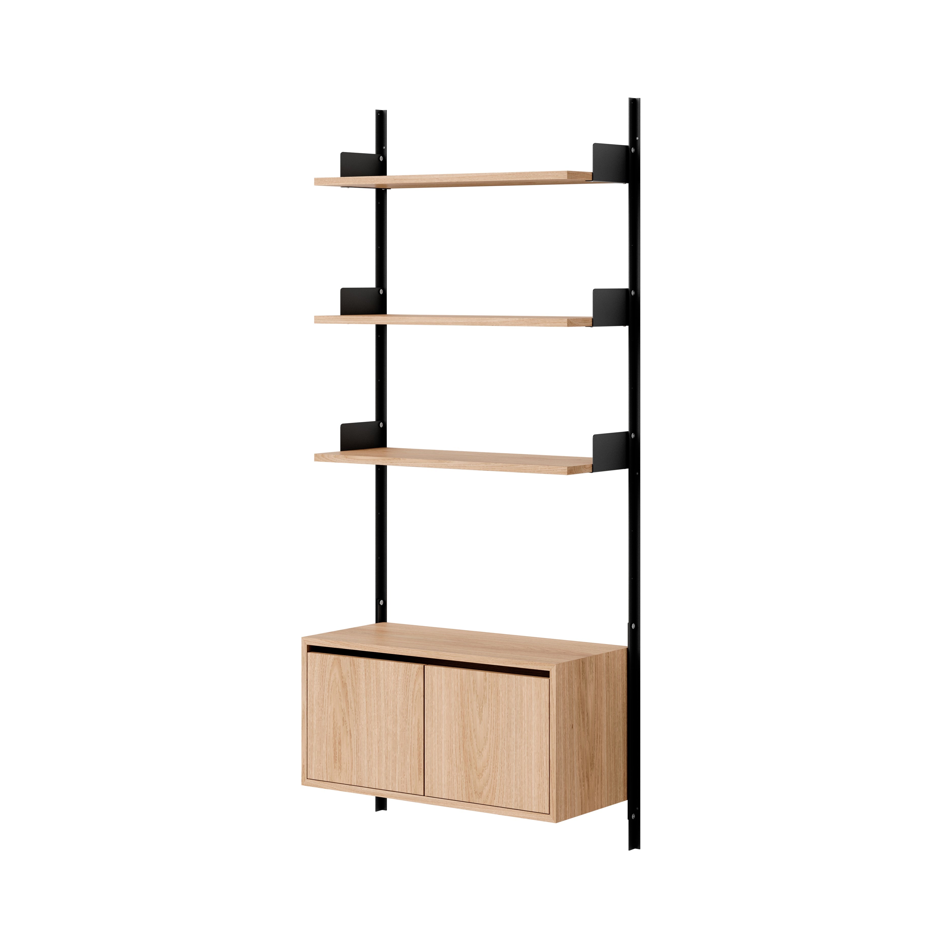 New Works Wall Shelf Cabinet with Doors: Low + Oak + Black