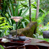 A table lamp with layered pale pink glass shades on a slim chrome stem, on a wooden table in a garden