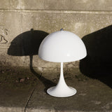 A white table lamp with a domed shade and flared base on a stone ledge, casting shadows on a weathered wall