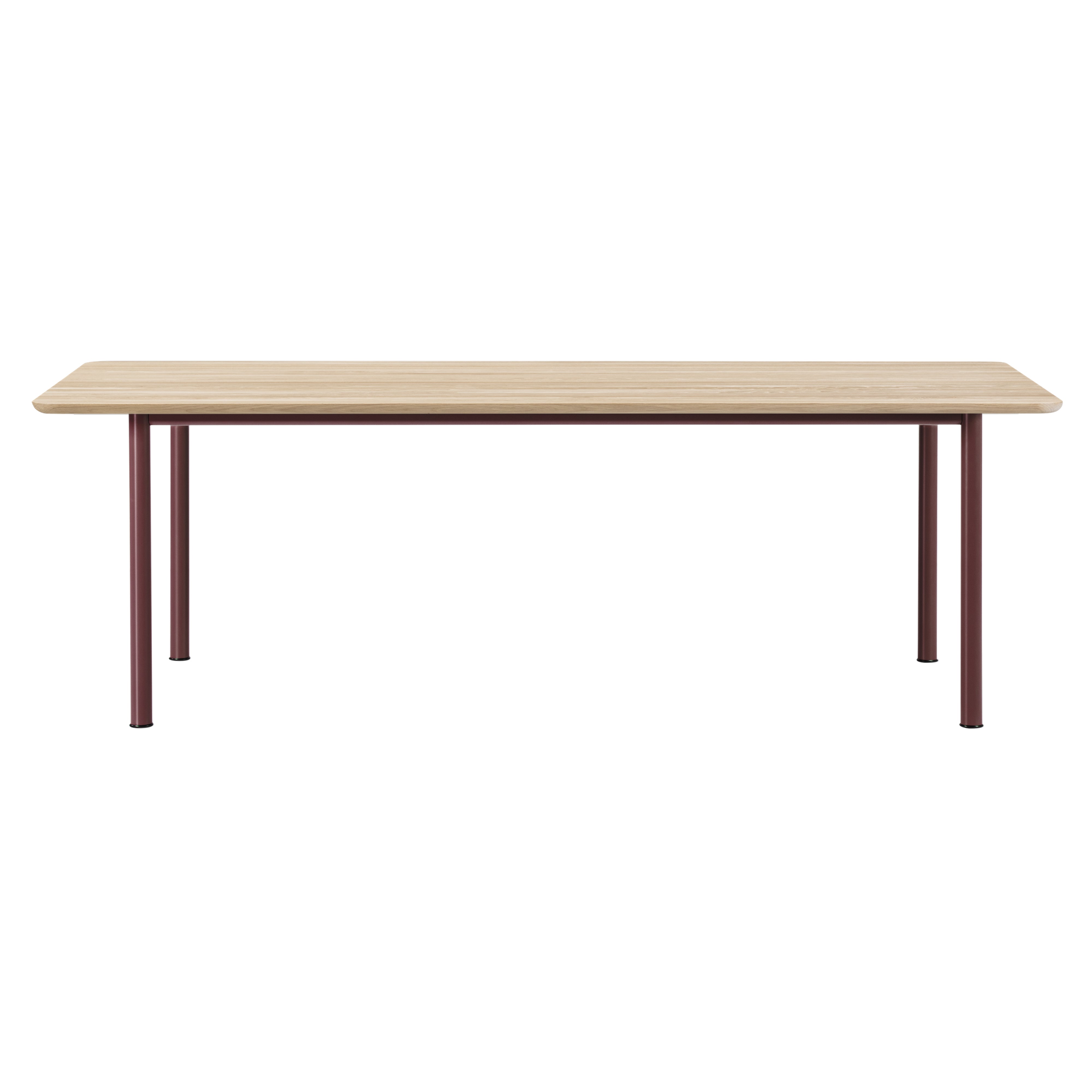 A rectangular table with a light oak top and four slim burgundy metal legs