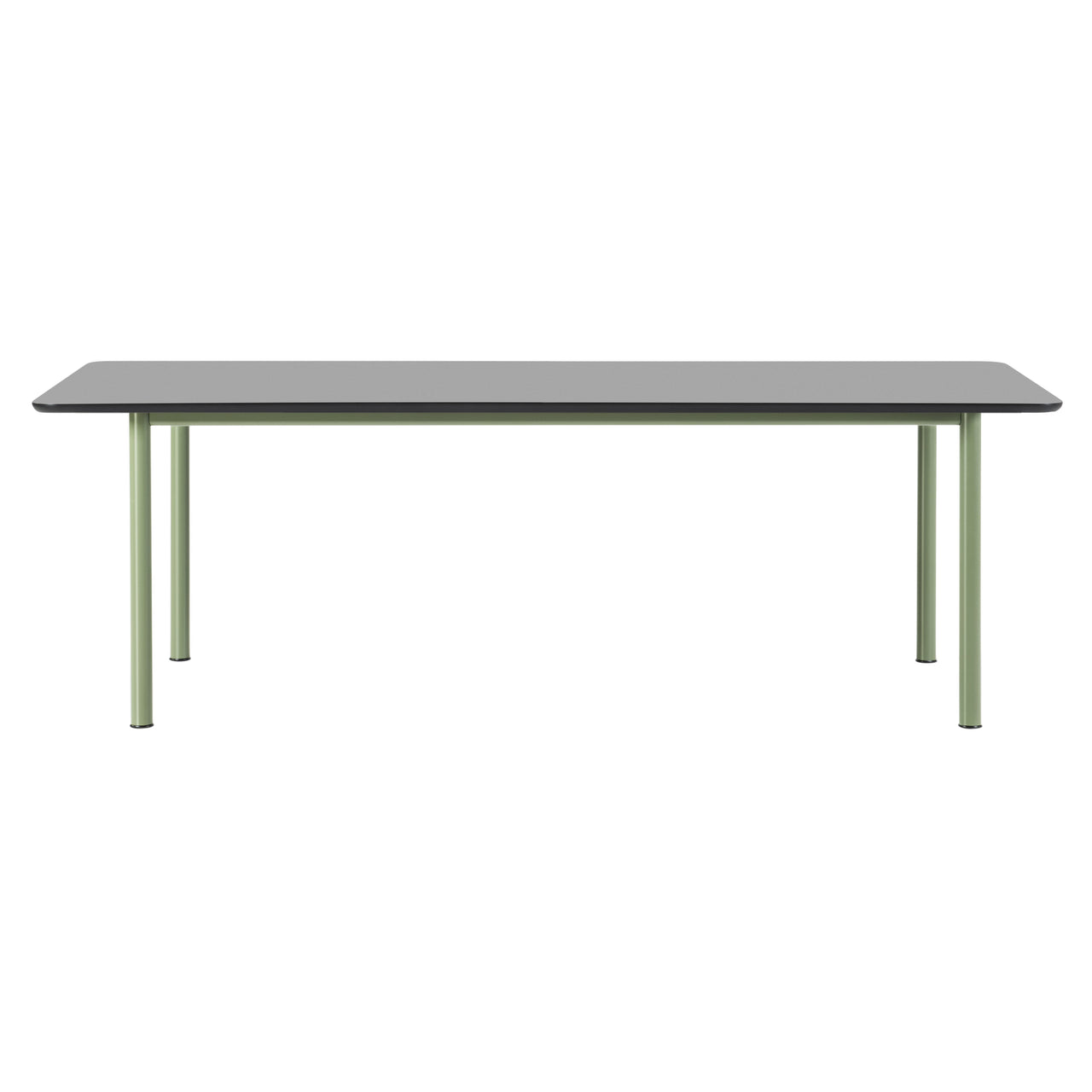A rectangular table with a black top and slim sage green metal legs seen from the side