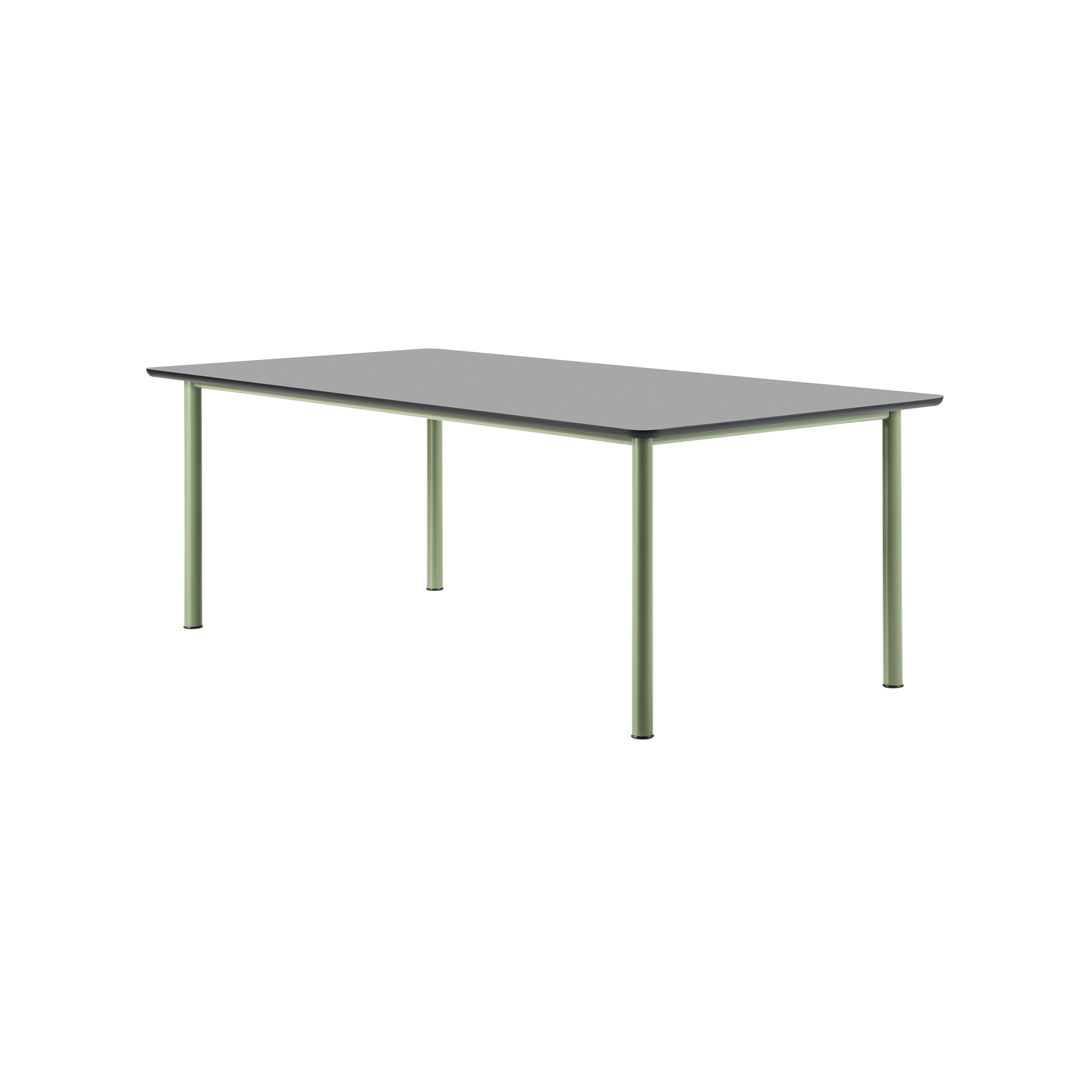 A rectangular table with a flat grey top and slim round sage green metal legs