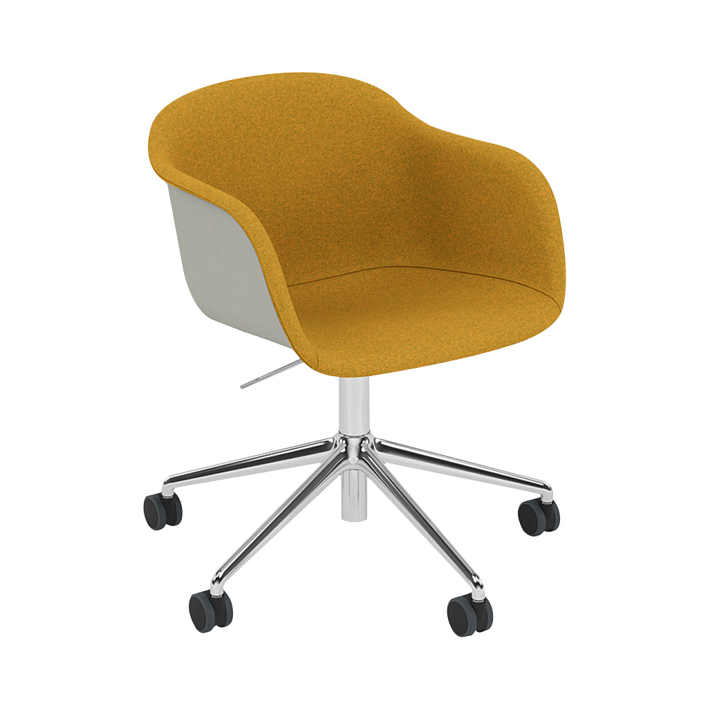 Fiber Armchair Swivel Base with Castors + Gaslift: Front Upholstered + Recycled Shell + Polished Aluminum + Black + Grey