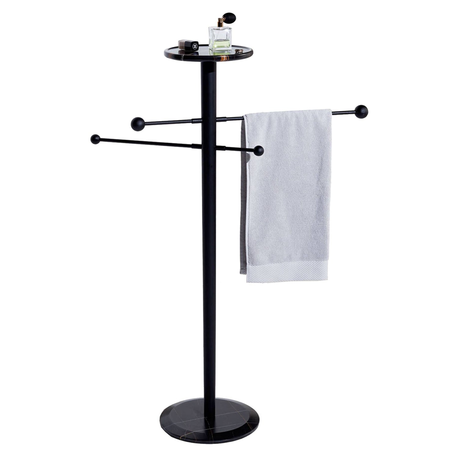 Toallero Towel Stand: Sahara Noir Marble + Black Stained Ash + Black