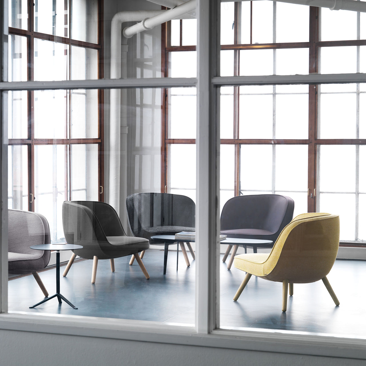 Rounded lounge chairs in yellow and grey fabric on light wooden legs, seen through a paned window