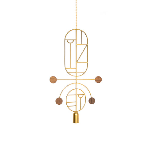 Wooden Dots Suspension Lamp: Oval + Circle with Stem + Vertical Oval + Gold + 1 Stem + 1 Curled Stem Circle + Gold + Brass + Walnut