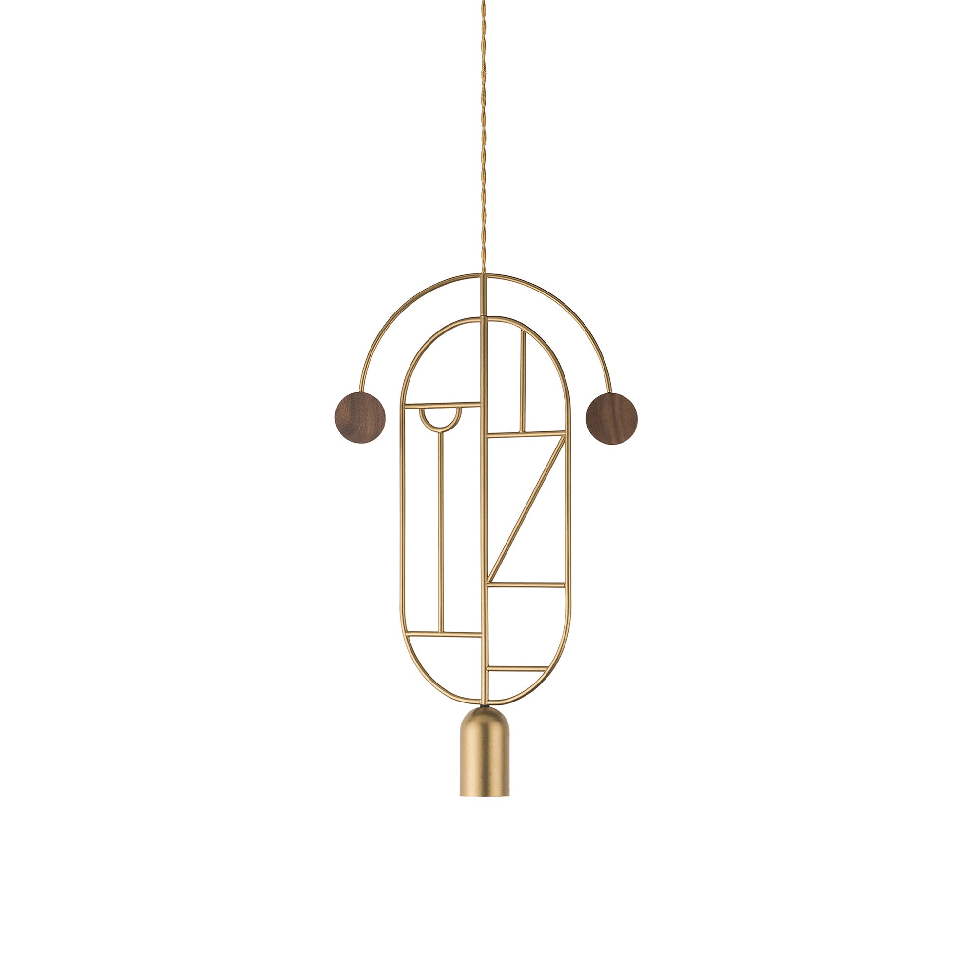Wooden Dots Suspension Lamp with Stem: Vertical Oval + Gold + 1 Curled Stem + Gold + Walnut