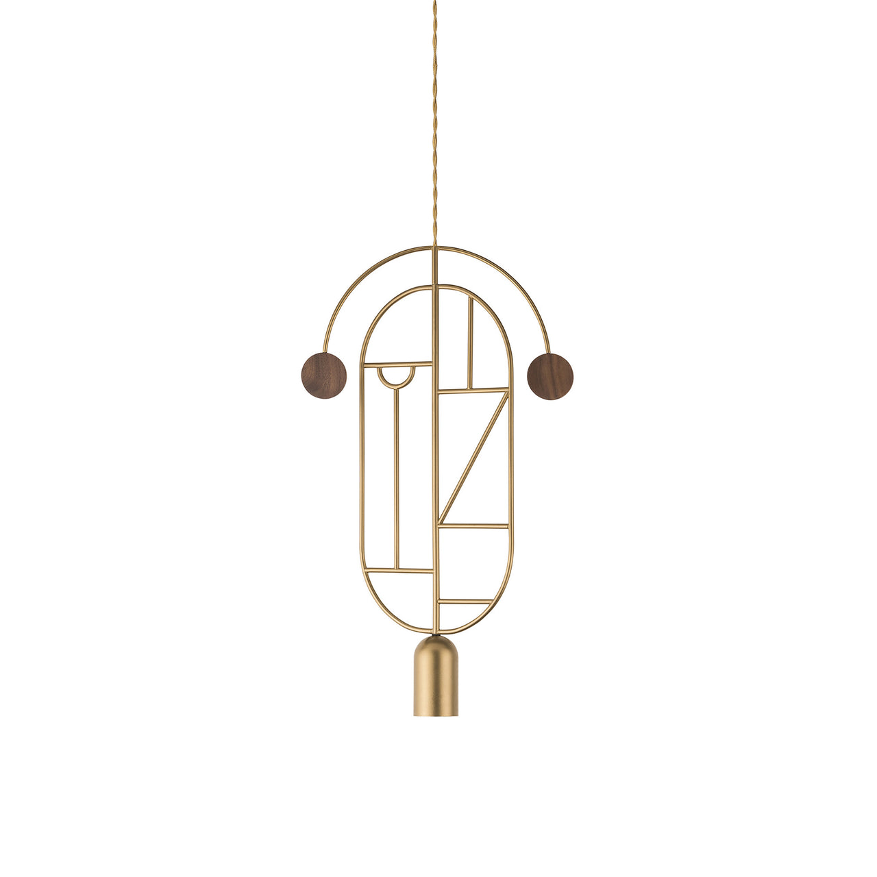 Wooden Dots Suspension Lamp with Stem: Vertical Oval + Gold + 1 Curled Stem + Gold + Walnut