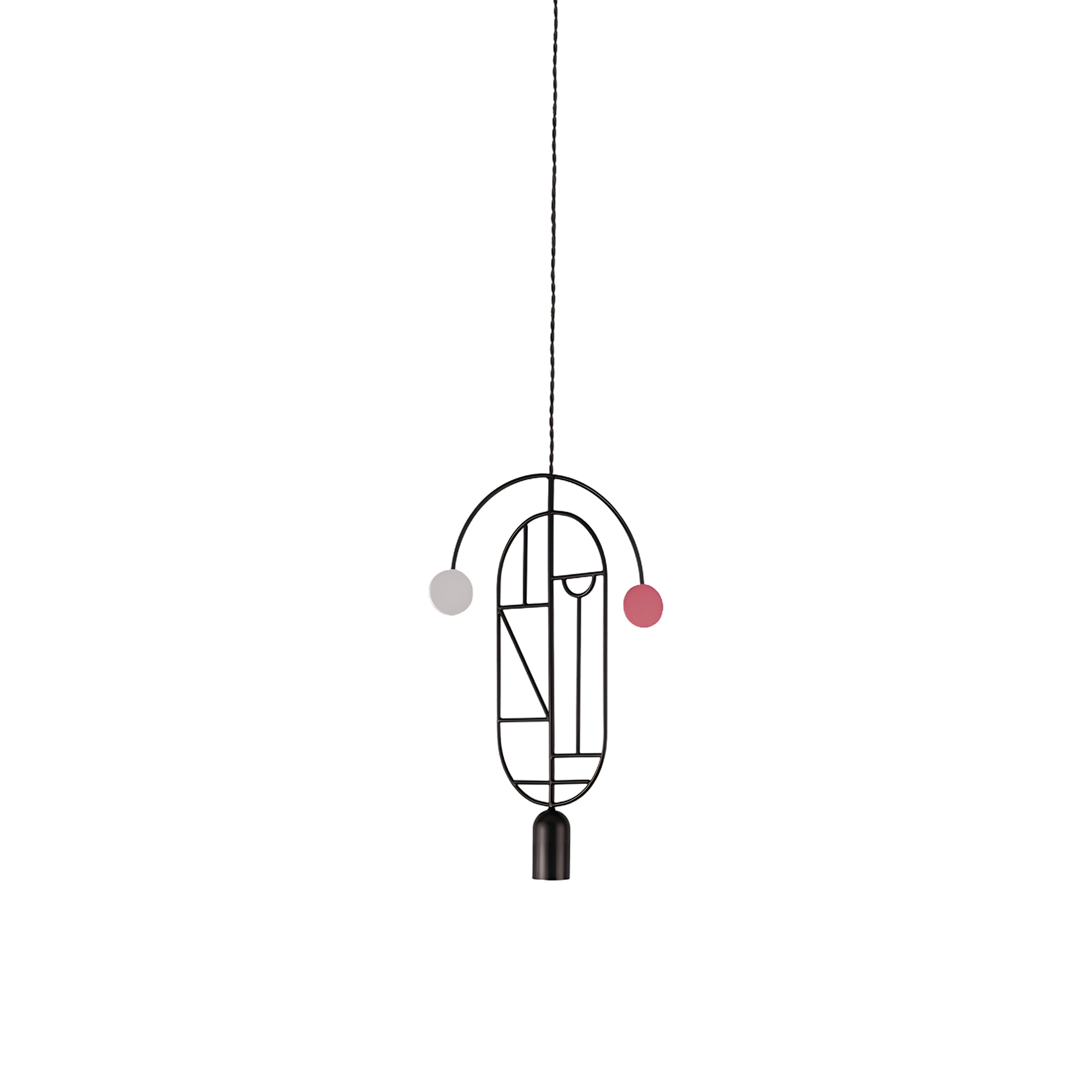 Wooden Dots Suspension Lamp with Stem: Vertical Oval + Graphite + 1 Curled Stem + Black + White + Pink