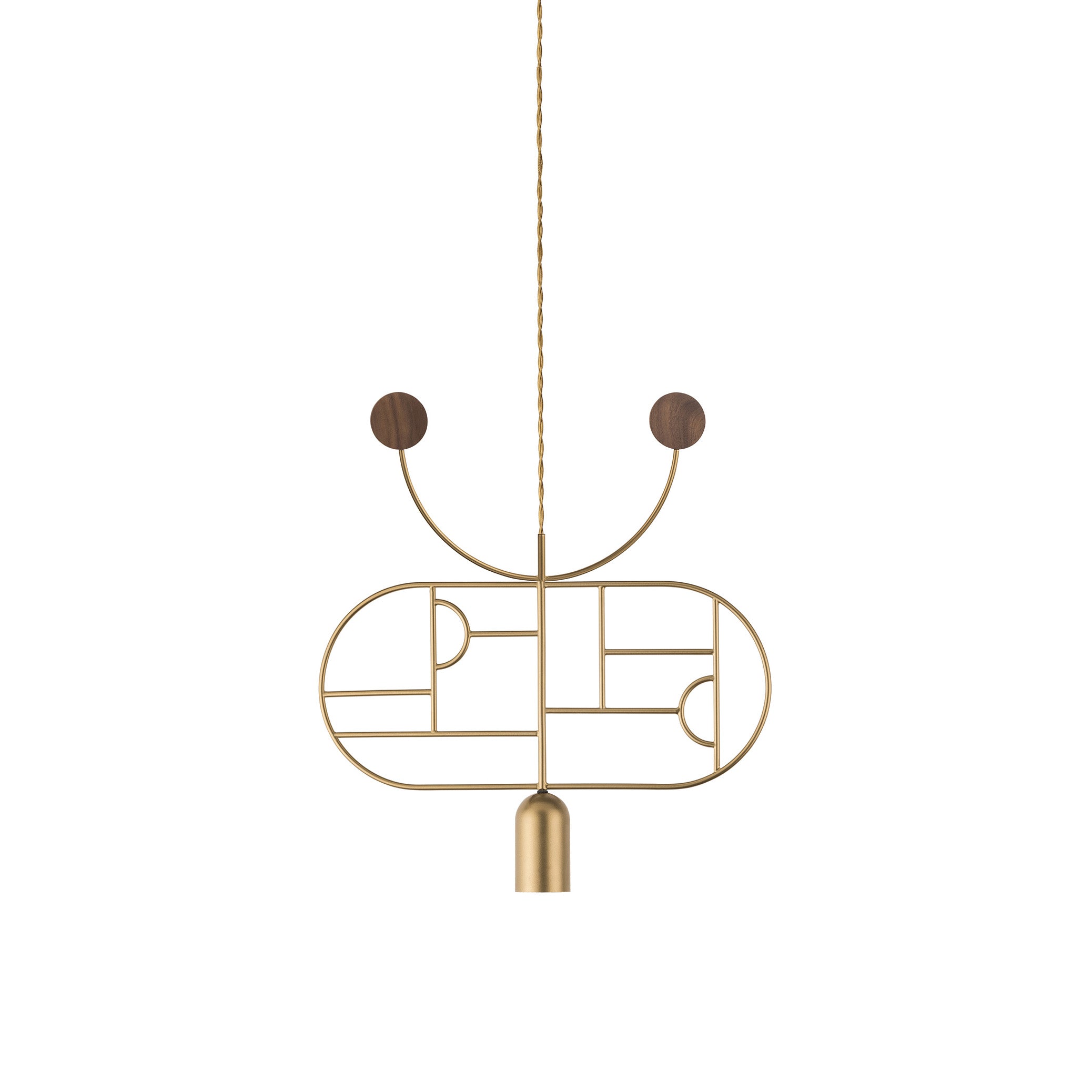 Wooden Dots Suspension Lamp with Stem: Horizontal Oval + Gold + 1 Curled Stem + Gold + Walnut